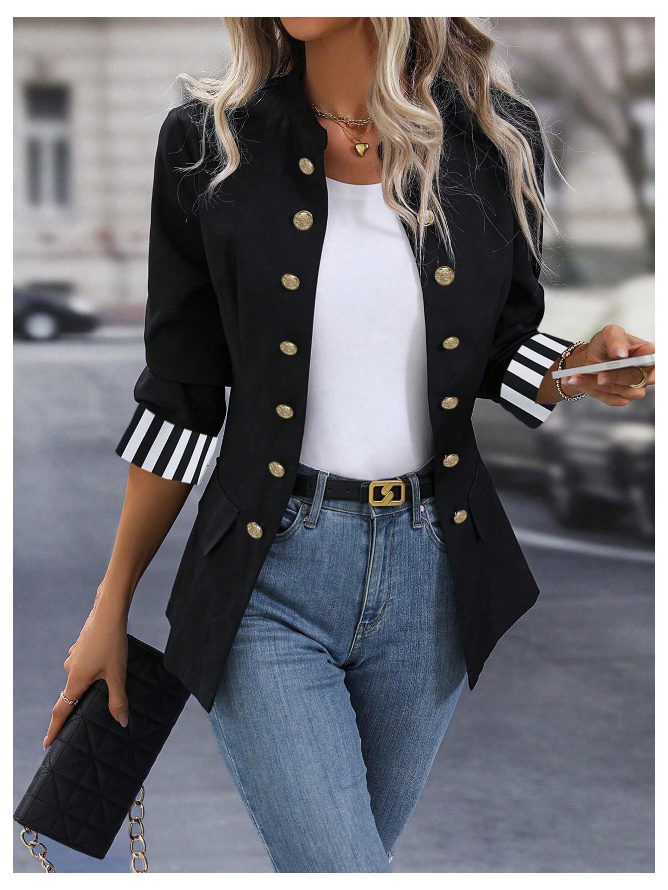 Foto 3 | Blazer Sweatyrocks De Poliéster Negro Con Botones Abiertos En La Parte Delantera Para Mujer - Venta Internacional.