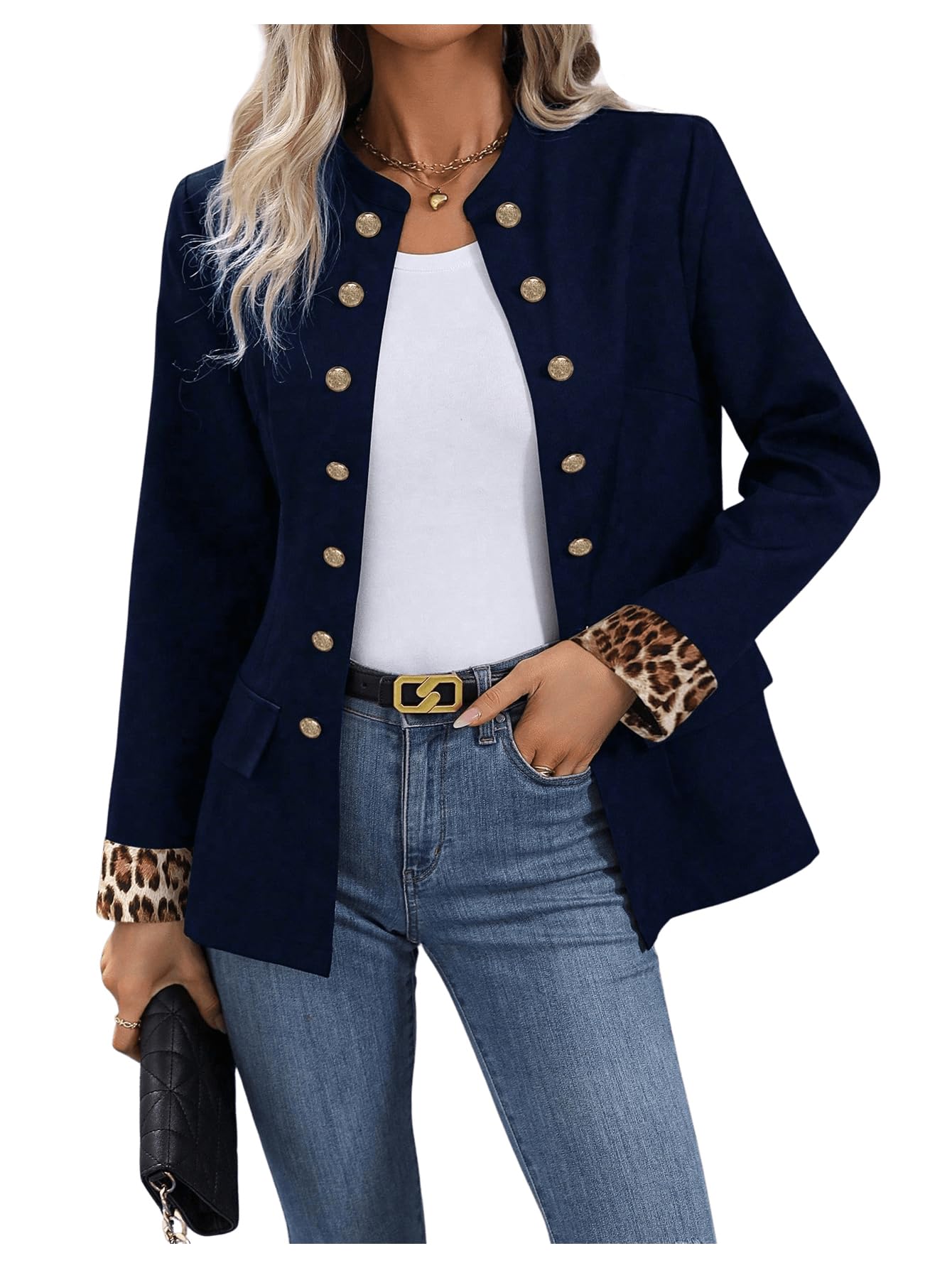 Blazer Sweatyrocks Para Mujer Con Botones Abiertos En La Parte Delantera, Azul Oscuro - Venta Internacional.