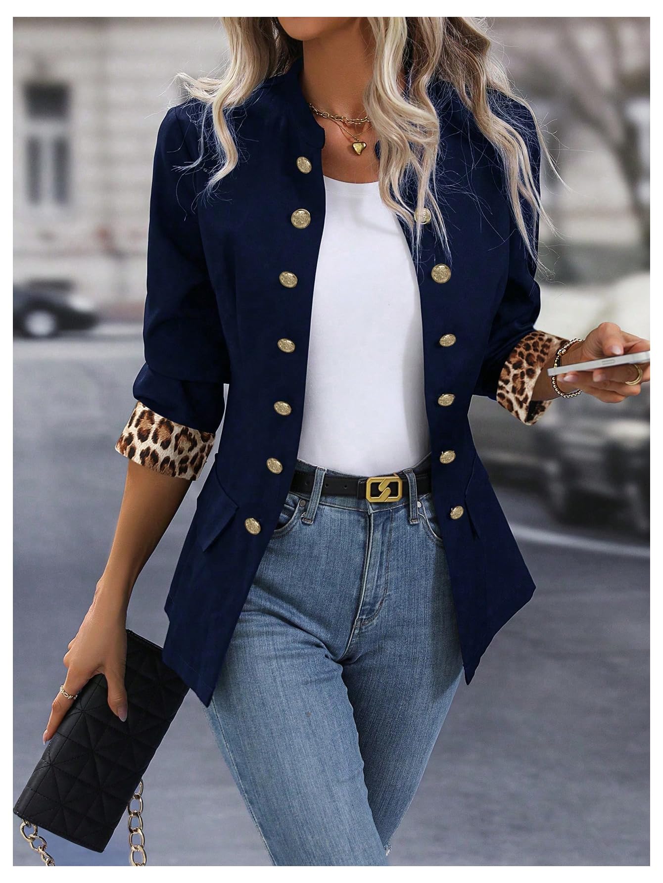 Foto 3 | Blazer Sweatyrocks Para Mujer Con Botones Abiertos En La Parte Delantera, Azul Oscuro - Venta Internacional.