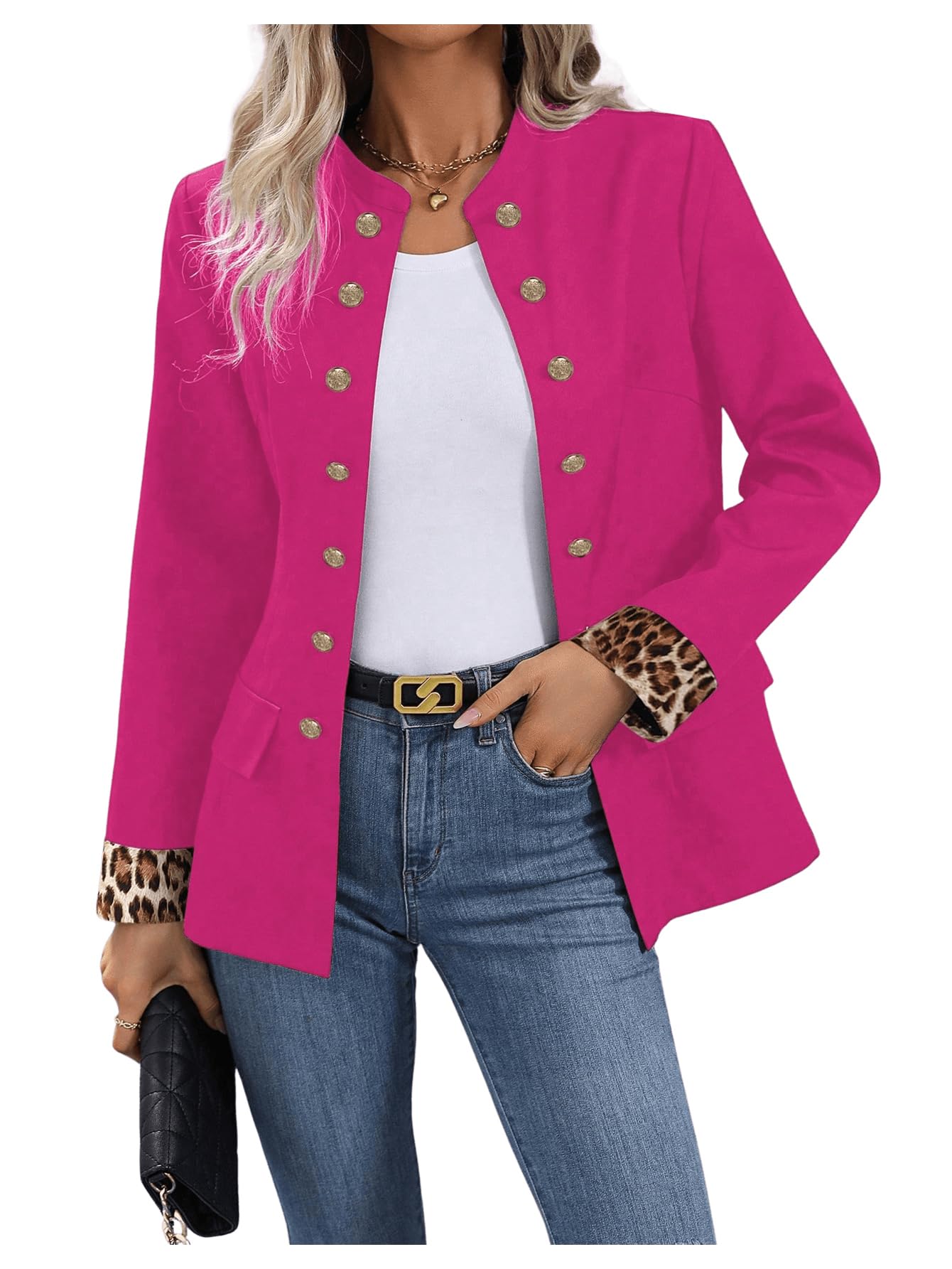 Blazer Sweatyrocks Para Mujer, Con Botones Abiertos En La Parte Delantera, Poliéster Rosa Intenso - Venta Internacional