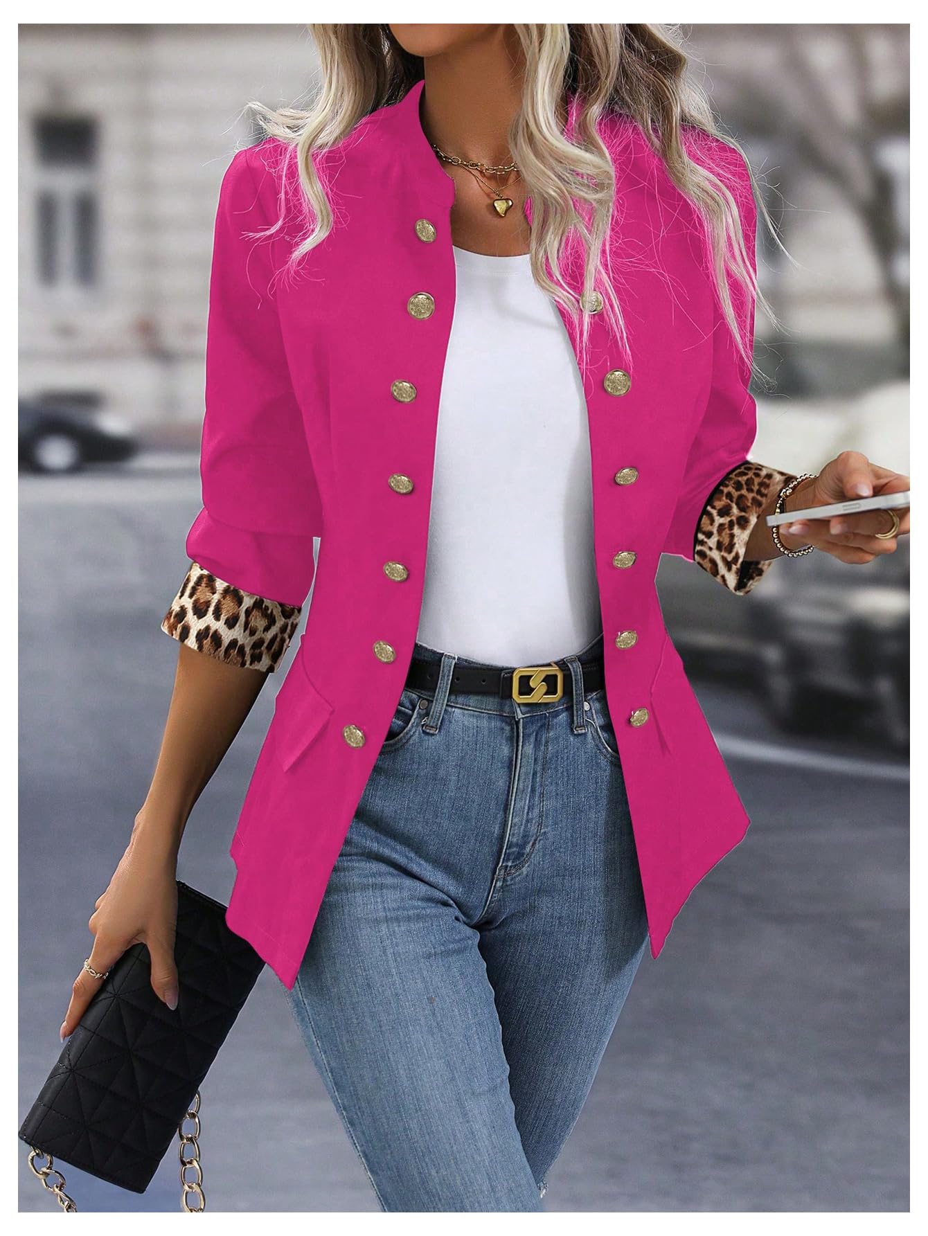 Foto 3 | Blazer Sweatyrocks Para Mujer, Con Botones Abiertos En La Parte Delantera, Poliéster Rosa Intenso - Venta Internacional