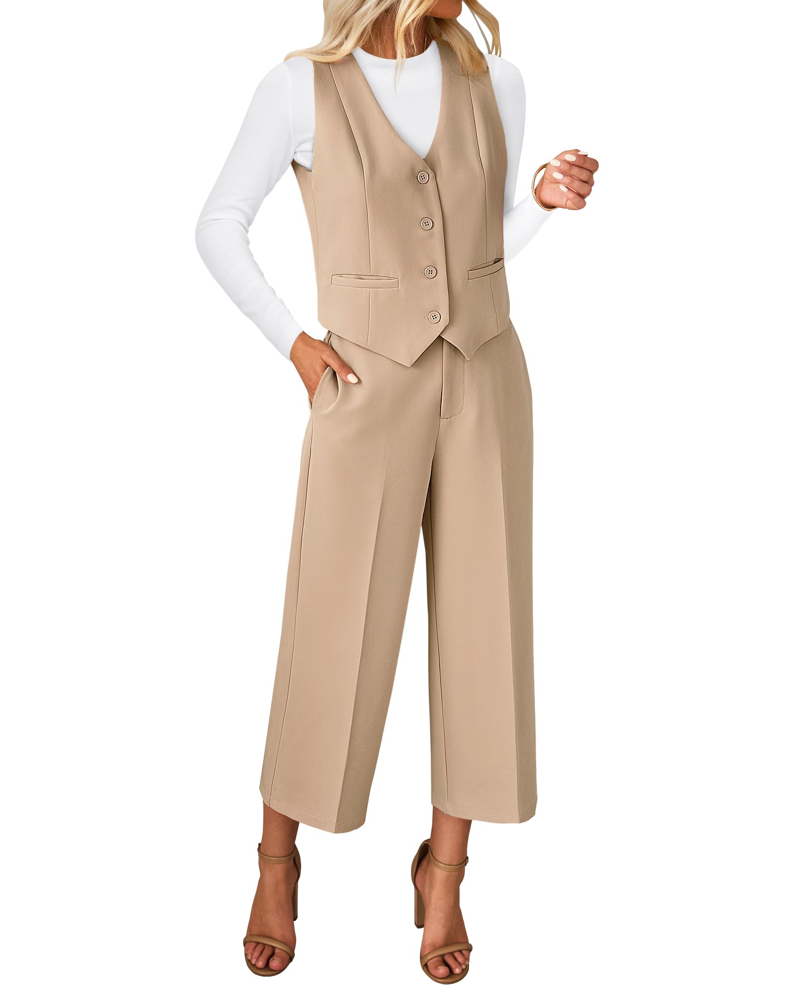 Foto 2 pulgar | Conjunto De Ropa Casual De Negocios Luvamia Para Mujer, Beige, Talla Xl - Venta Internacional.