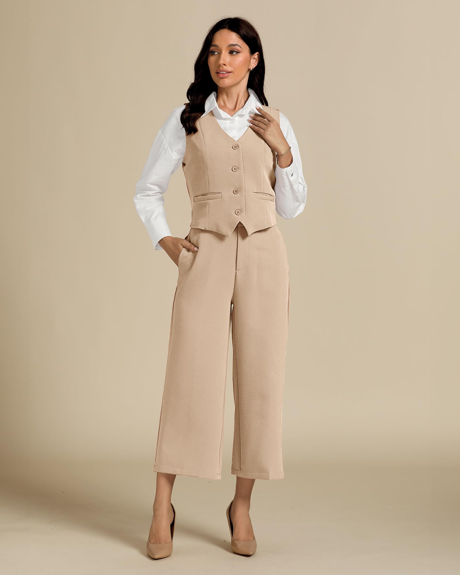 Foto 4 pulgar | Conjunto De Ropa Casual De Negocios Luvamia Para Mujer, Beige, Talla Xl - Venta Internacional.