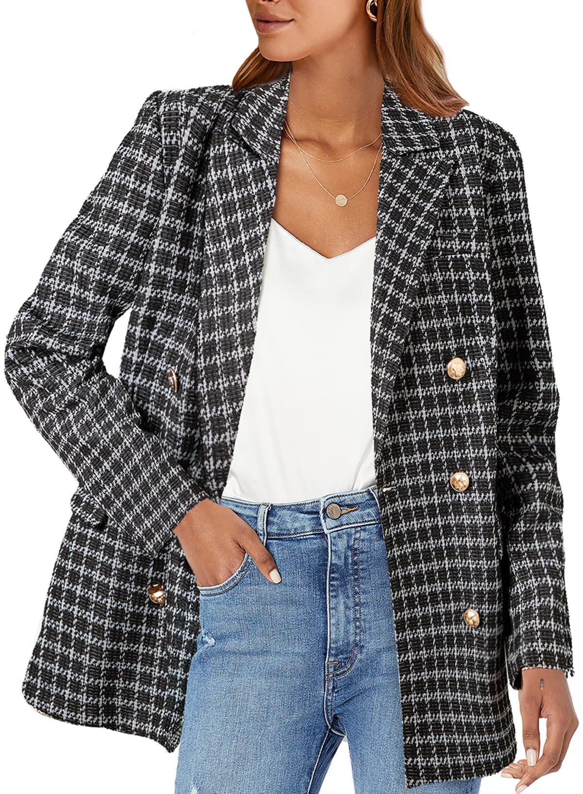 Foto 2 pulgar | Chaqueta Tipo Blazer Happy Sailed Tweed A Cuadros Con Doble Botonadura Para Mujer - Venta Internacional.