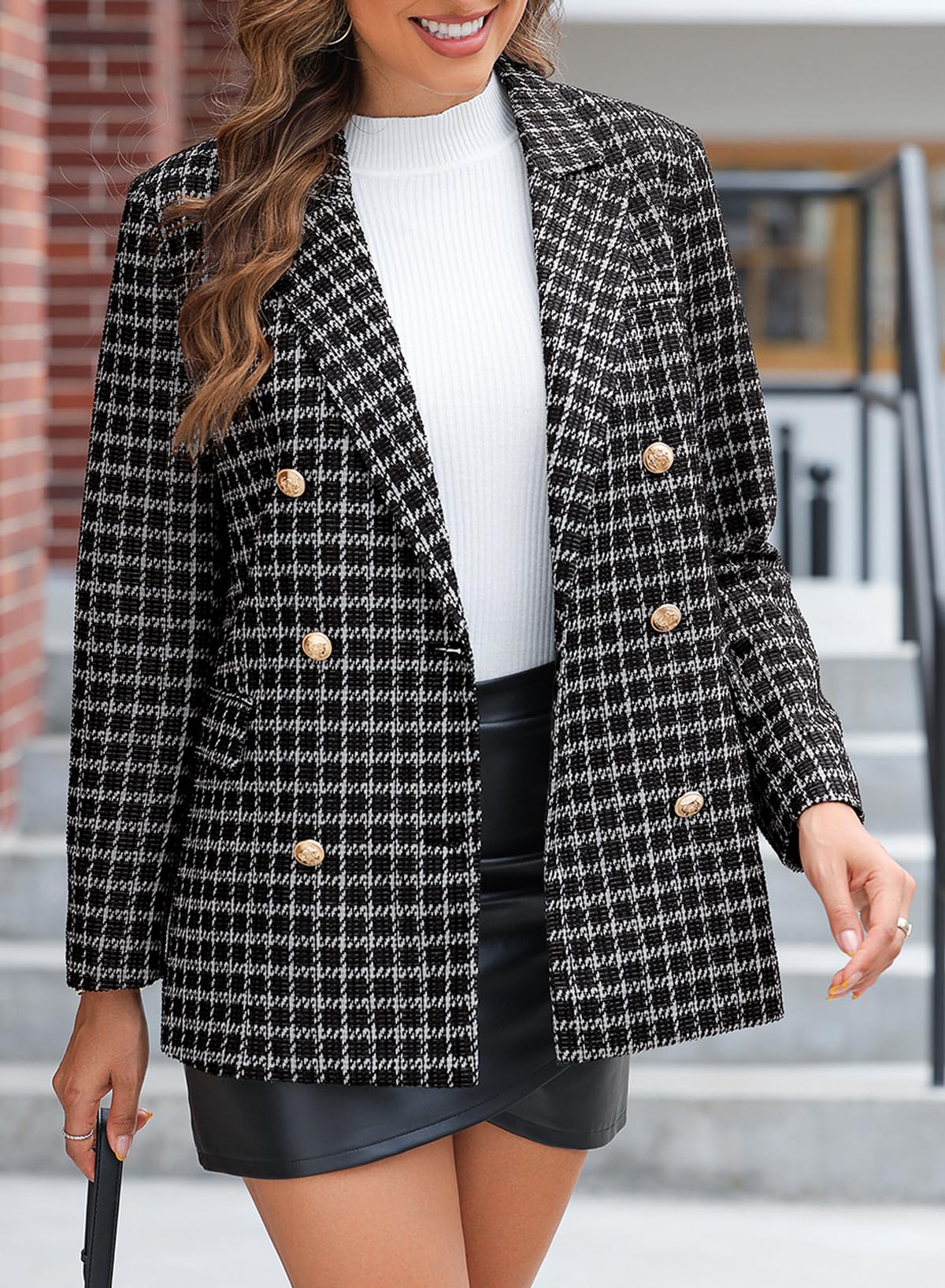 Foto 5 pulgar | Chaqueta Tipo Blazer Happy Sailed Tweed A Cuadros Con Doble Botonadura Para Mujer - Venta Internacional.