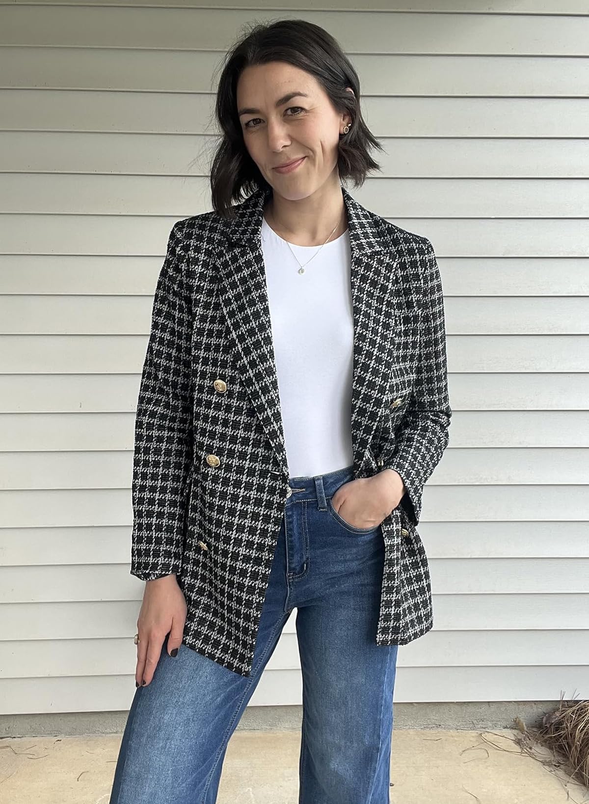 Foto 6 pulgar | Chaqueta Tipo Blazer Happy Sailed Tweed A Cuadros Con Doble Botonadura Para Mujer - Venta Internacional.