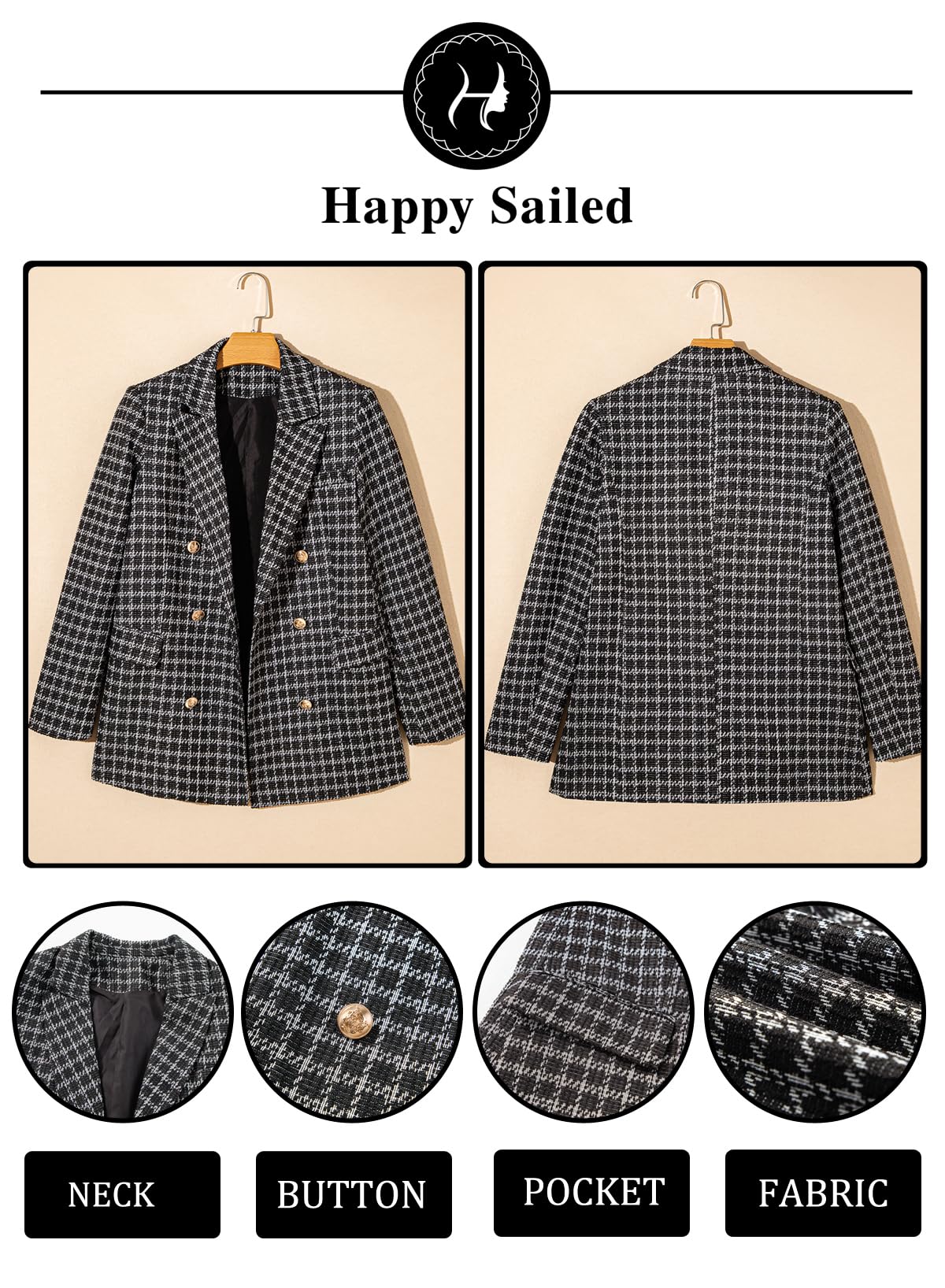 Foto 8 pulgar | Chaqueta Tipo Blazer Happy Sailed Tweed A Cuadros Con Doble Botonadura Para Mujer - Venta Internacional.