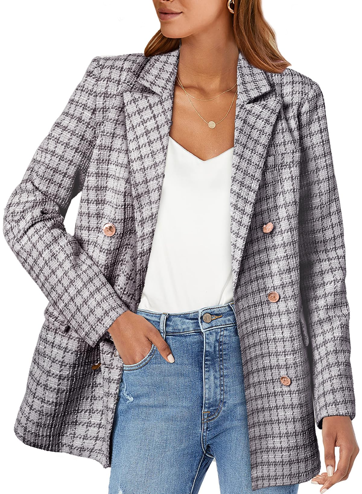 Foto 2 pulgar | Chaqueta Tipo Blazer Happy Sailed Para Mujer, Tweed, A Cuadros, Color Blanco, 2xl - Venta Internacional.