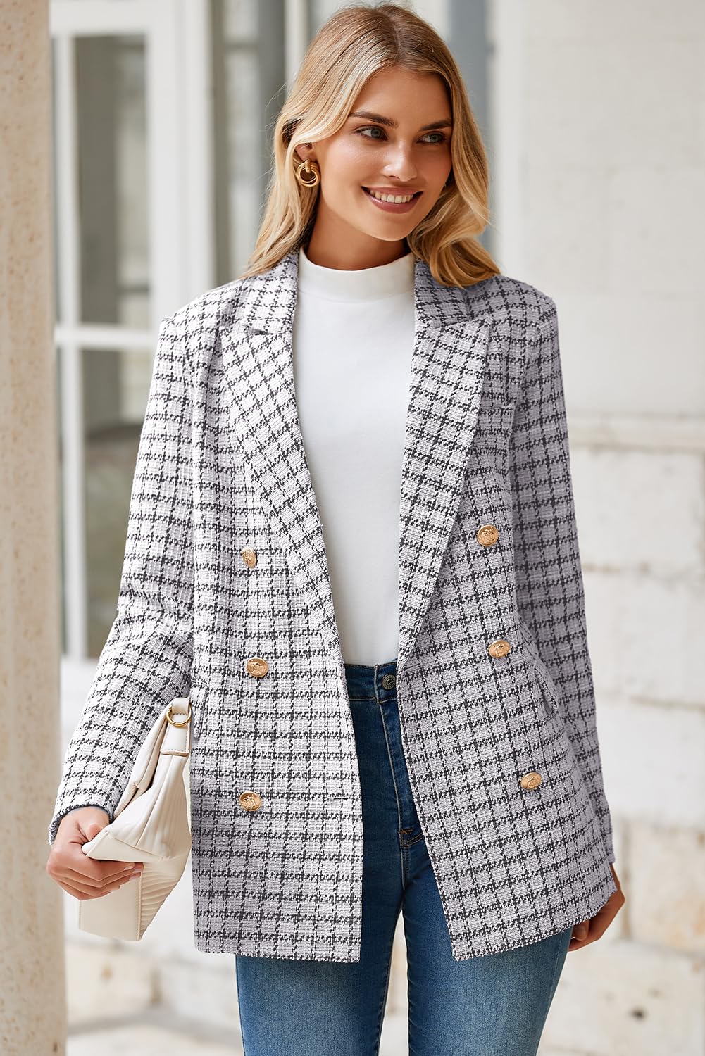 Foto 4 pulgar | Chaqueta Tipo Blazer Happy Sailed Para Mujer, Tweed, A Cuadros, Color Blanco, 2xl - Venta Internacional.