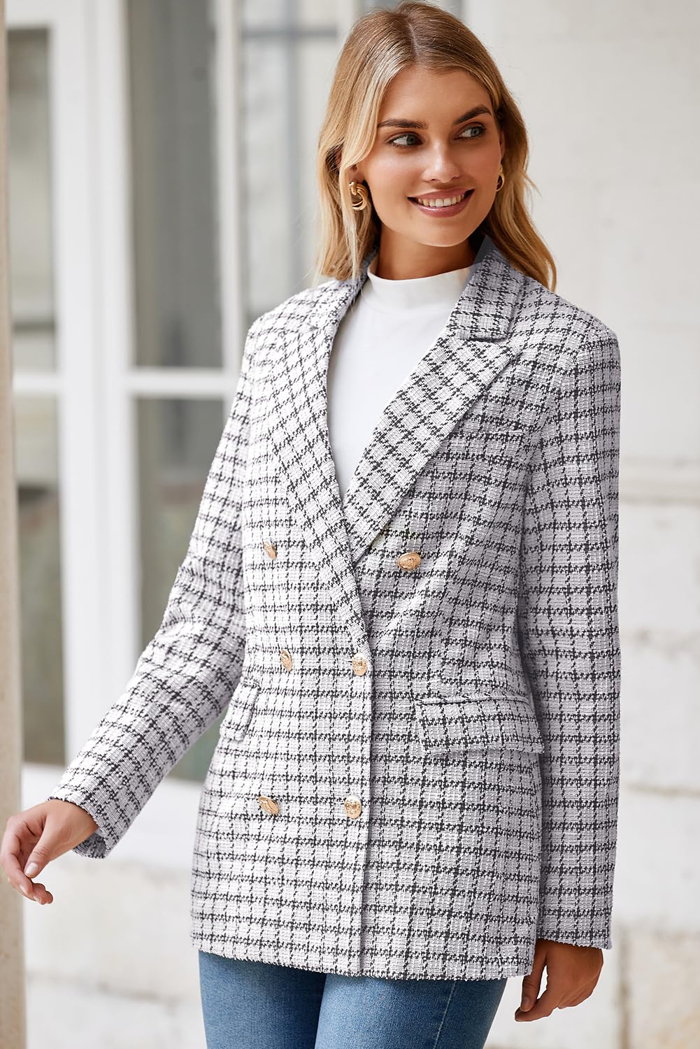 Foto 4 | Chaqueta Tipo Blazer Happy Sailed Para Mujer, Tweed, A Cuadros, Color Blanco, 2xl - Venta Internacional.