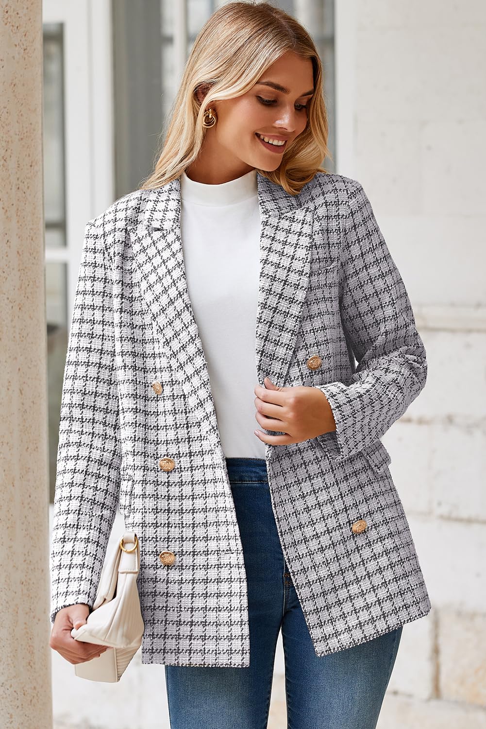 Foto 6 pulgar | Chaqueta Tipo Blazer Happy Sailed Para Mujer, Tweed, A Cuadros, Color Blanco, 2xl - Venta Internacional.