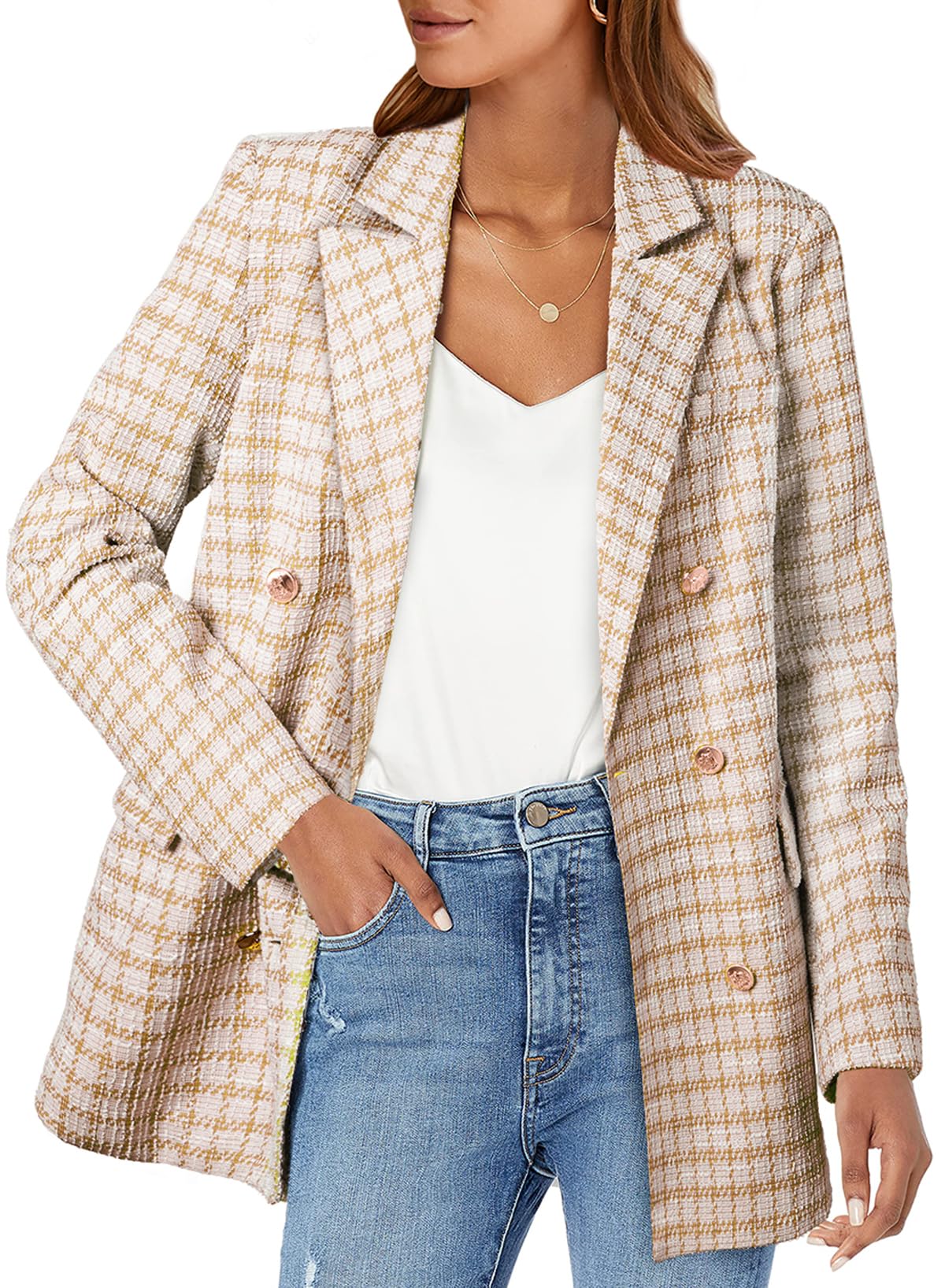 Foto 2 pulgar | Blazer Happy Sailed Plaid Para Mujer, Casual, De Negocios, Color Mostaza - Venta Internacional.