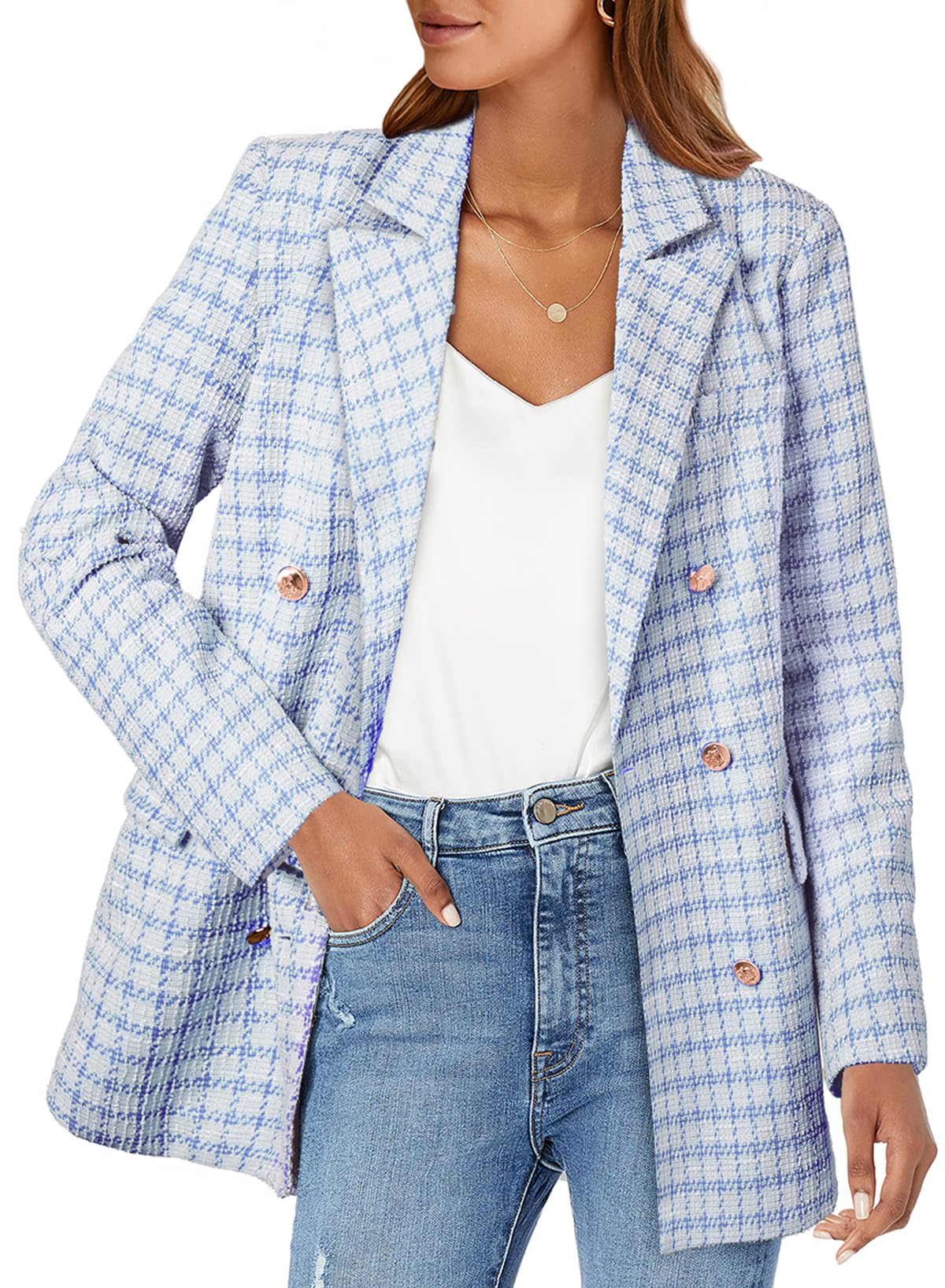 Foto 2 pulgar | Blazer Happy Sailed Classic Plaid Tweed Para Mujer Azul Claro L - Venta Internacional.