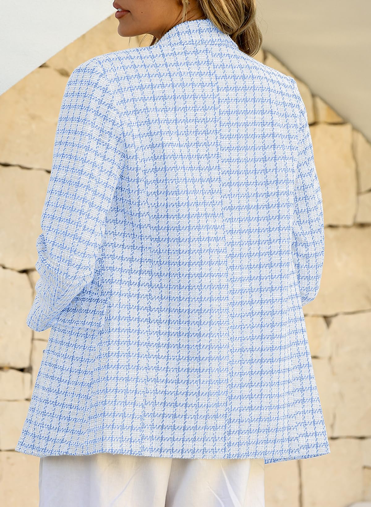 Foto 3 pulgar | Blazer Happy Sailed Classic Plaid Tweed Para Mujer Azul Claro L - Venta Internacional.