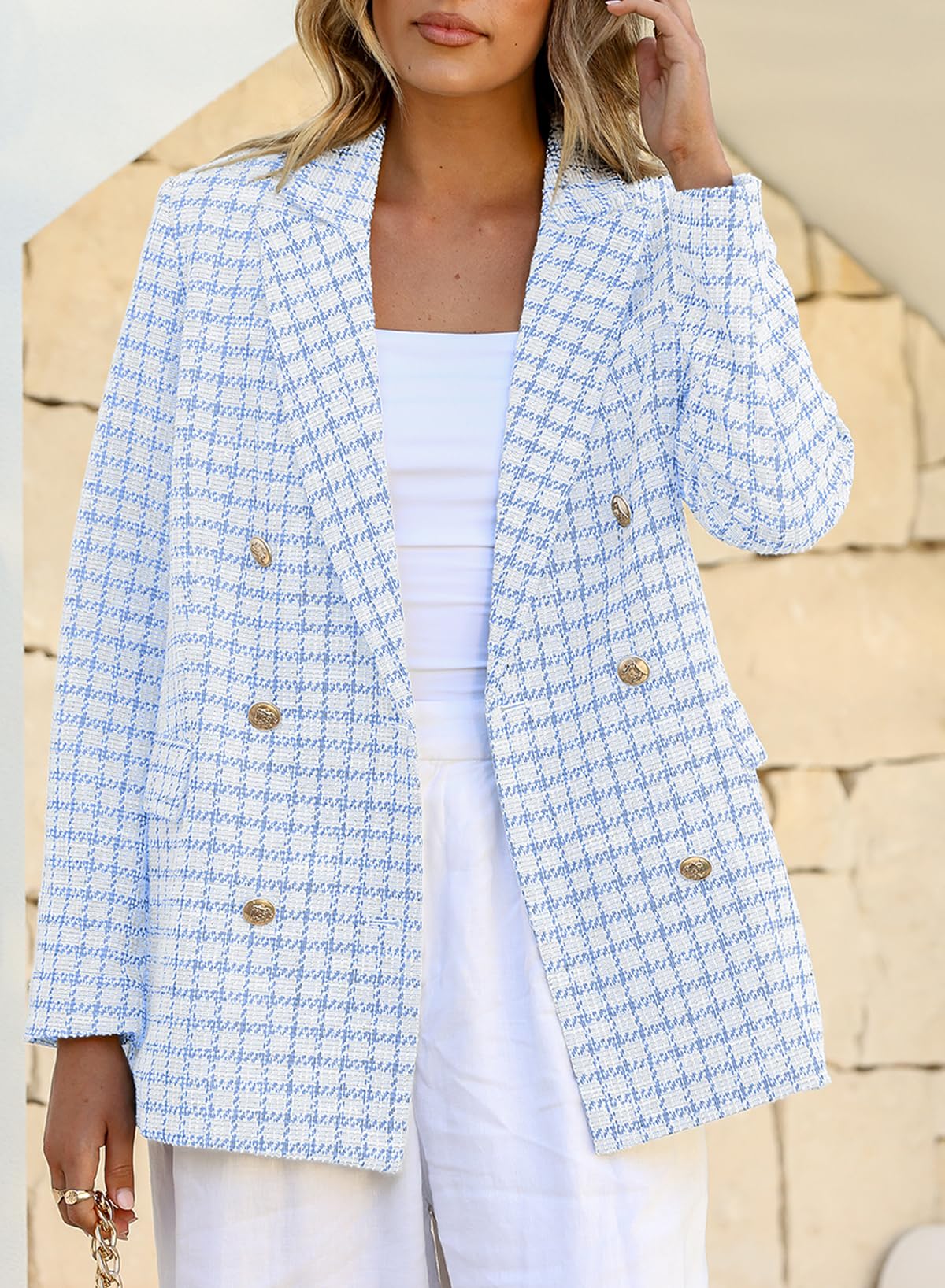 Foto 7 pulgar | Blazer Happy Sailed Classic Plaid Tweed Para Mujer Azul Claro L - Venta Internacional.