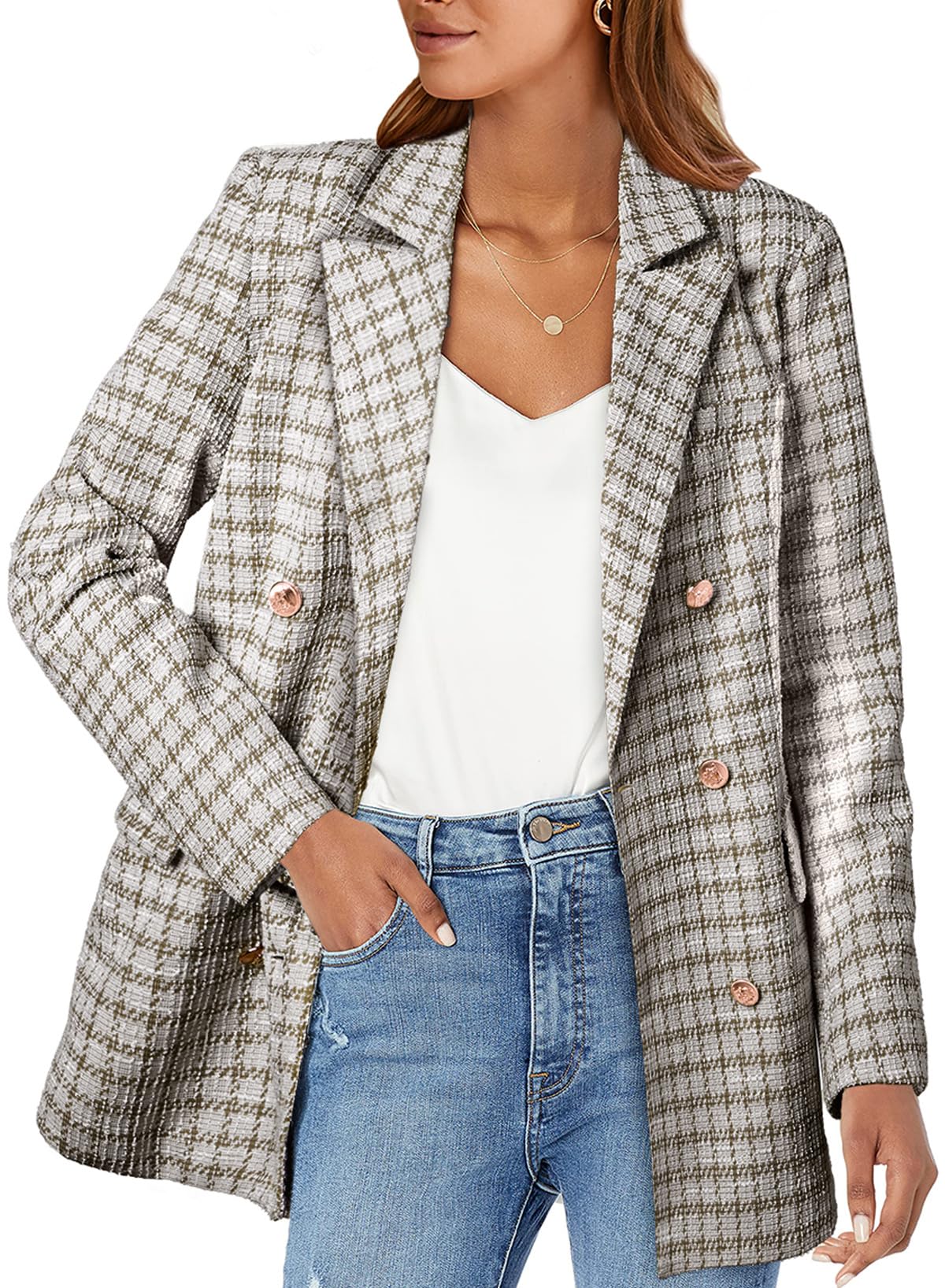 Foto 2 pulgar | Blazer Happy Sailed Para Mujer, Tweed, Doble Botonadura, Color Marrón L - Venta Internacional.