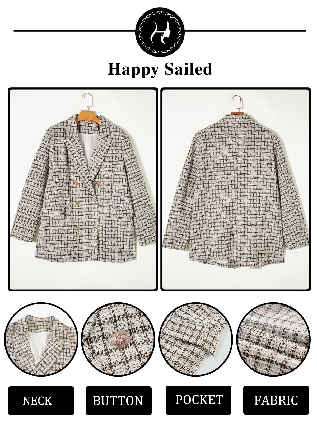 Foto 8 pulgar | Blazer Happy Sailed Para Mujer, Tweed, Doble Botonadura, Color Marrón L - Venta Internacional.