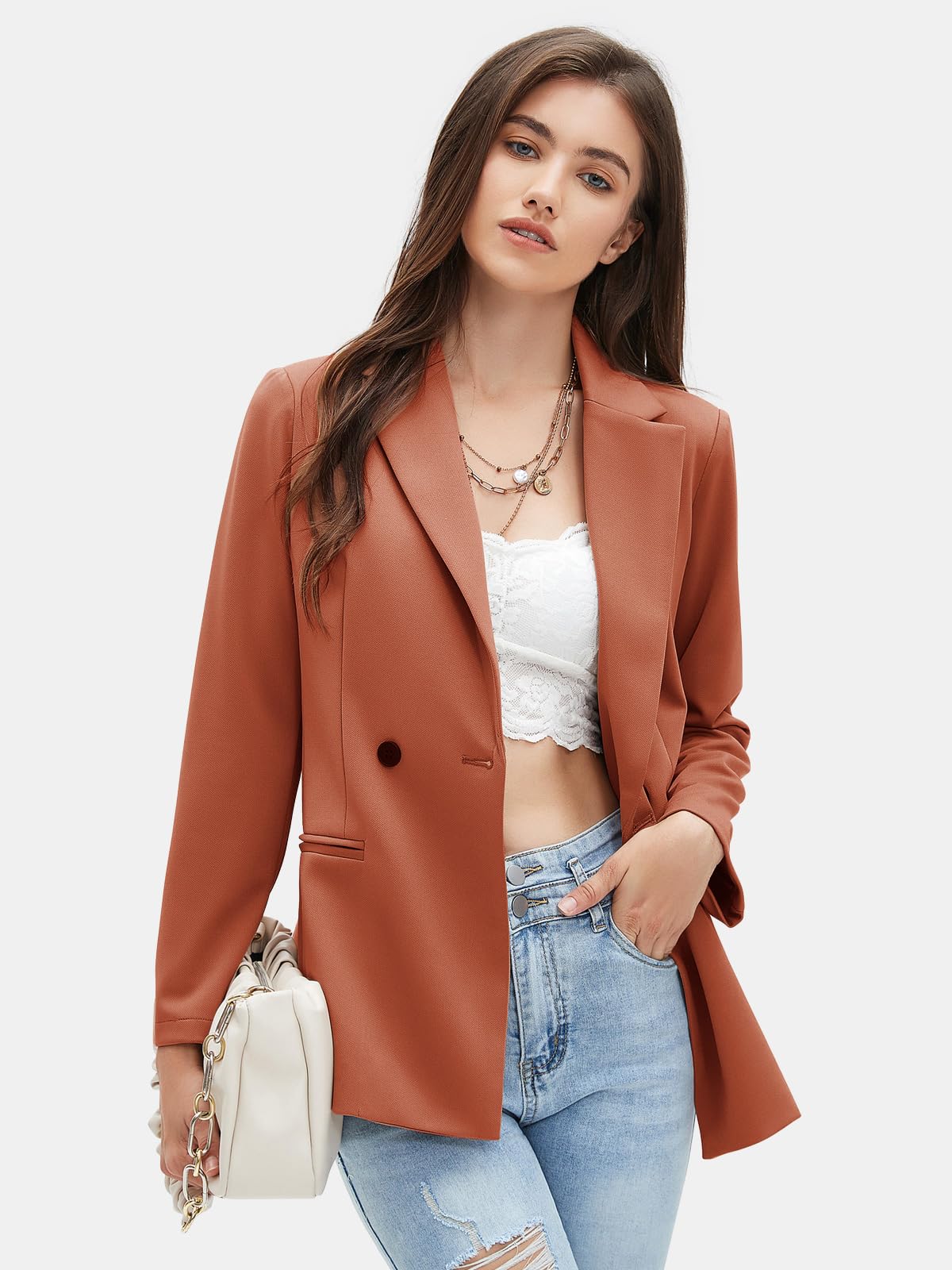 Foto 3 pulgar | Blazer Exlura Para Mujer, Casual, De Punto, Con Solapa, Holgado, Marrón - Venta Internacional.