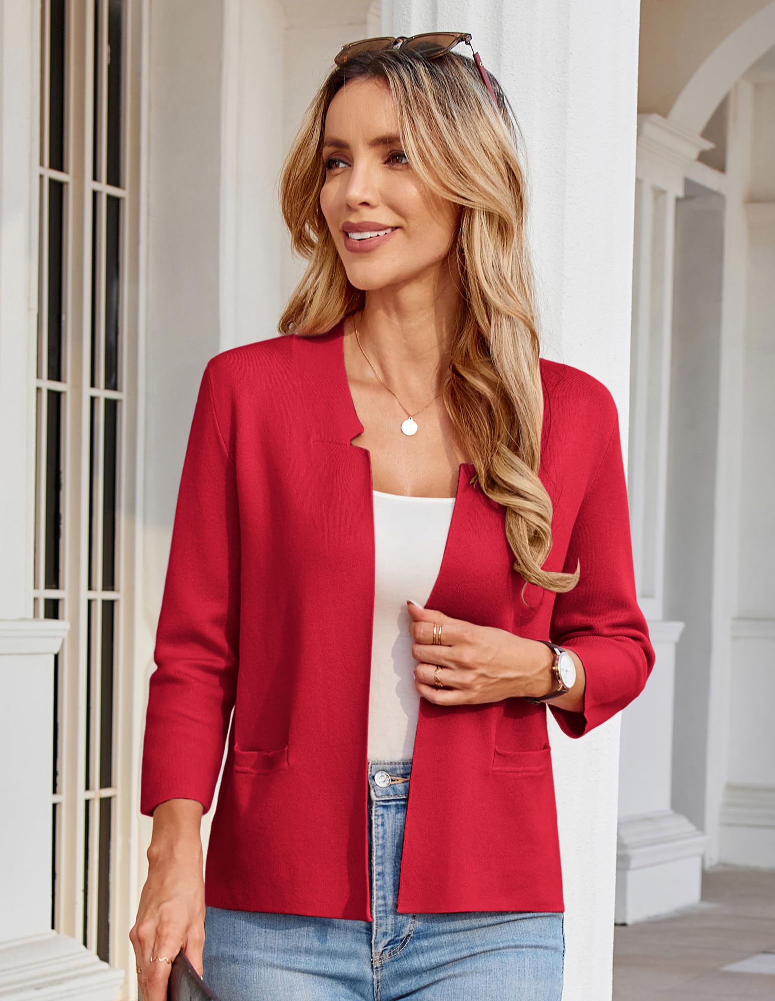 Foto 6 pulgar | Chaqueta Blazer Grace Karin Para Mujer Tejida Con La Parte Delantera Abierta, Color Rojo, Talla L - Venta Internacional.