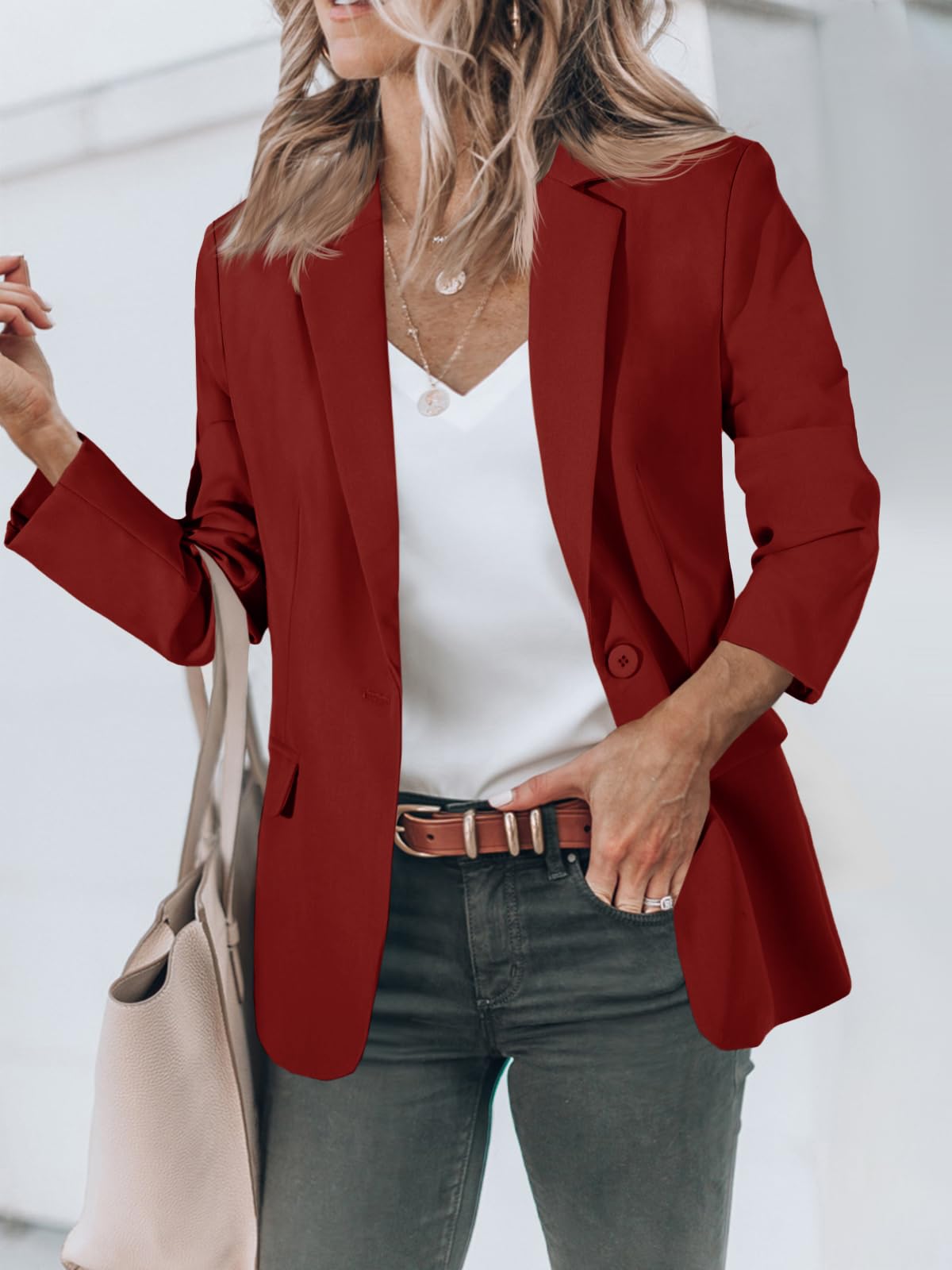 Foto 4 pulgar | Blazer Cicy Bell Para Mujer, Manga Larga, Parte Delantera Abierta, Color Burdeos - Venta Internacional.