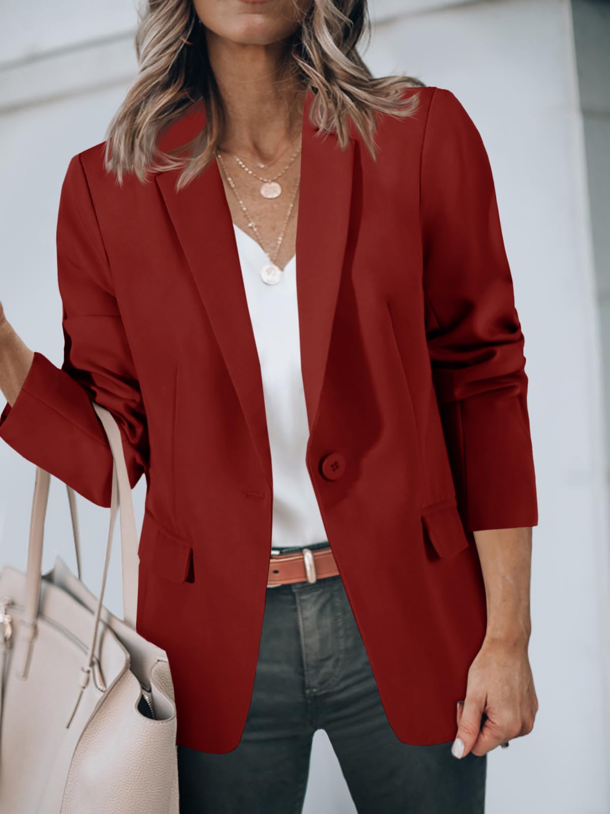Foto 6 pulgar | Blazer Cicy Bell Para Mujer, Manga Larga, Parte Delantera Abierta, Color Burdeos - Venta Internacional.
