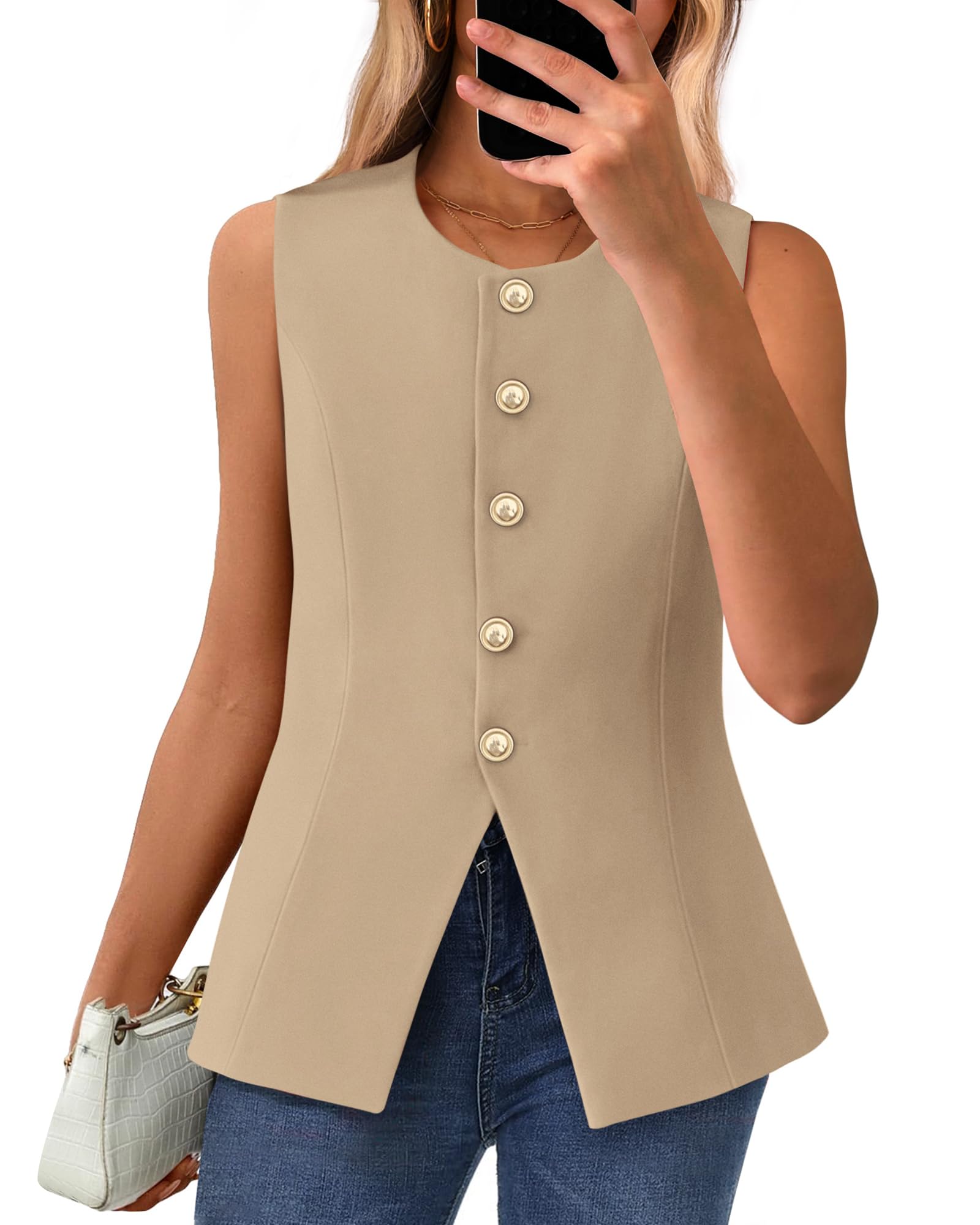 Foto 2 pulgar | Chaleco Btfbm Blazer De Verano Sin Mangas Para Mujer De Color Caqui Claro Xxl - Venta Internacional.