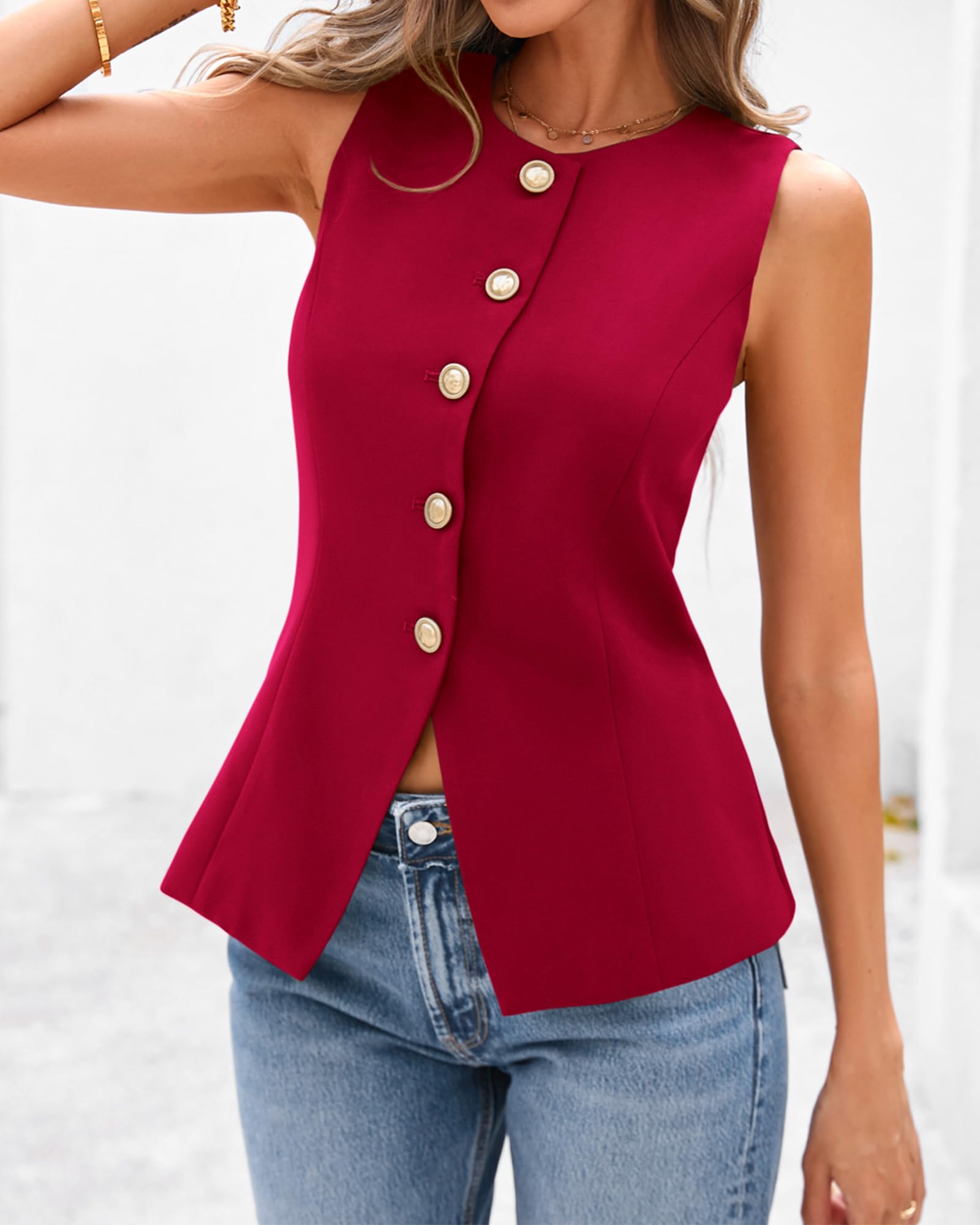 Foto 5 pulgar | Chaleco Btfbm Blazer De Verano Sin Mangas Para Mujer Rojo Talla S - Venta Internacional.