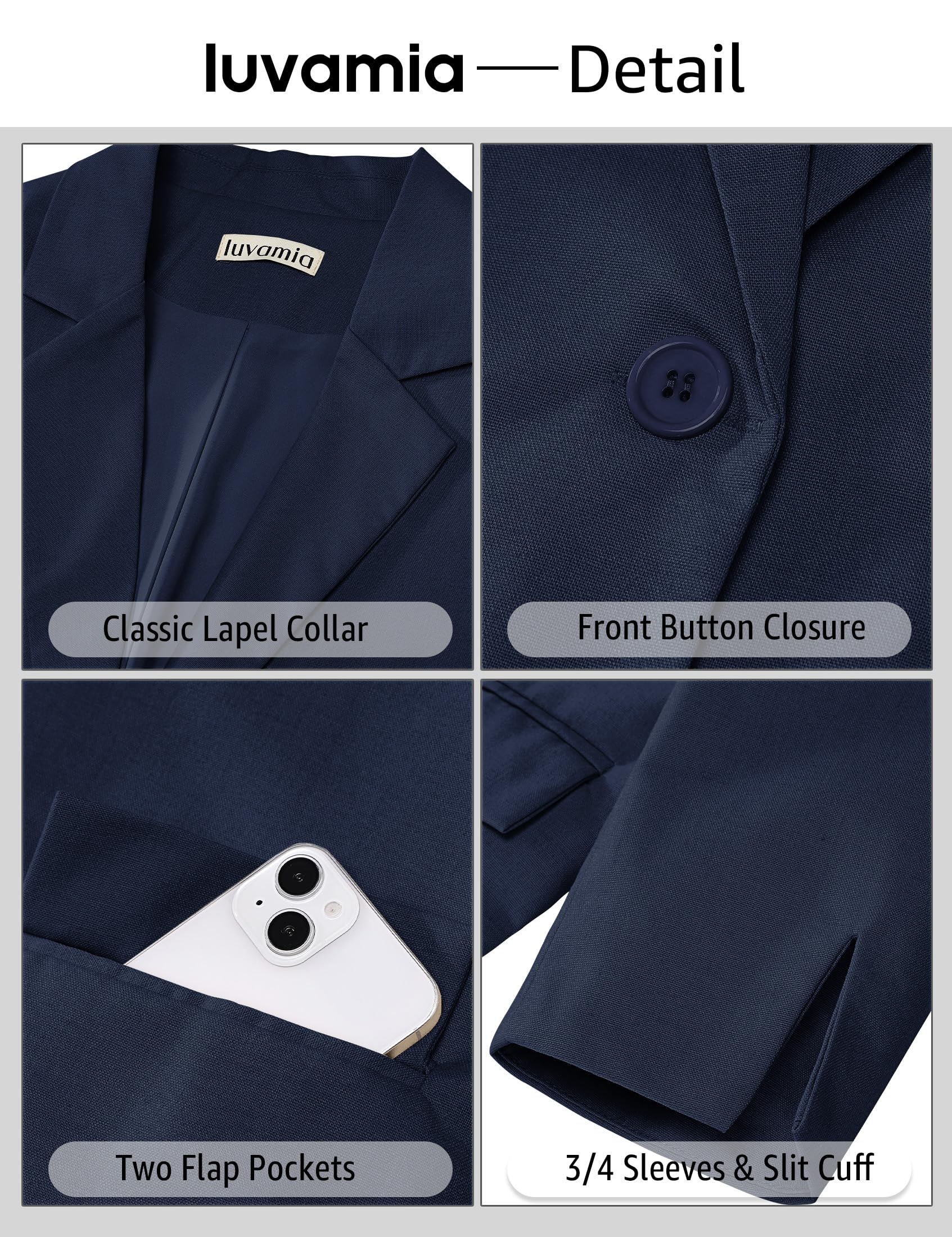 Foto 5 pulgar | Blazer Luvamia De Lino Para Mujer, Color Azul Marino, Talla L - Venta Internacional.
