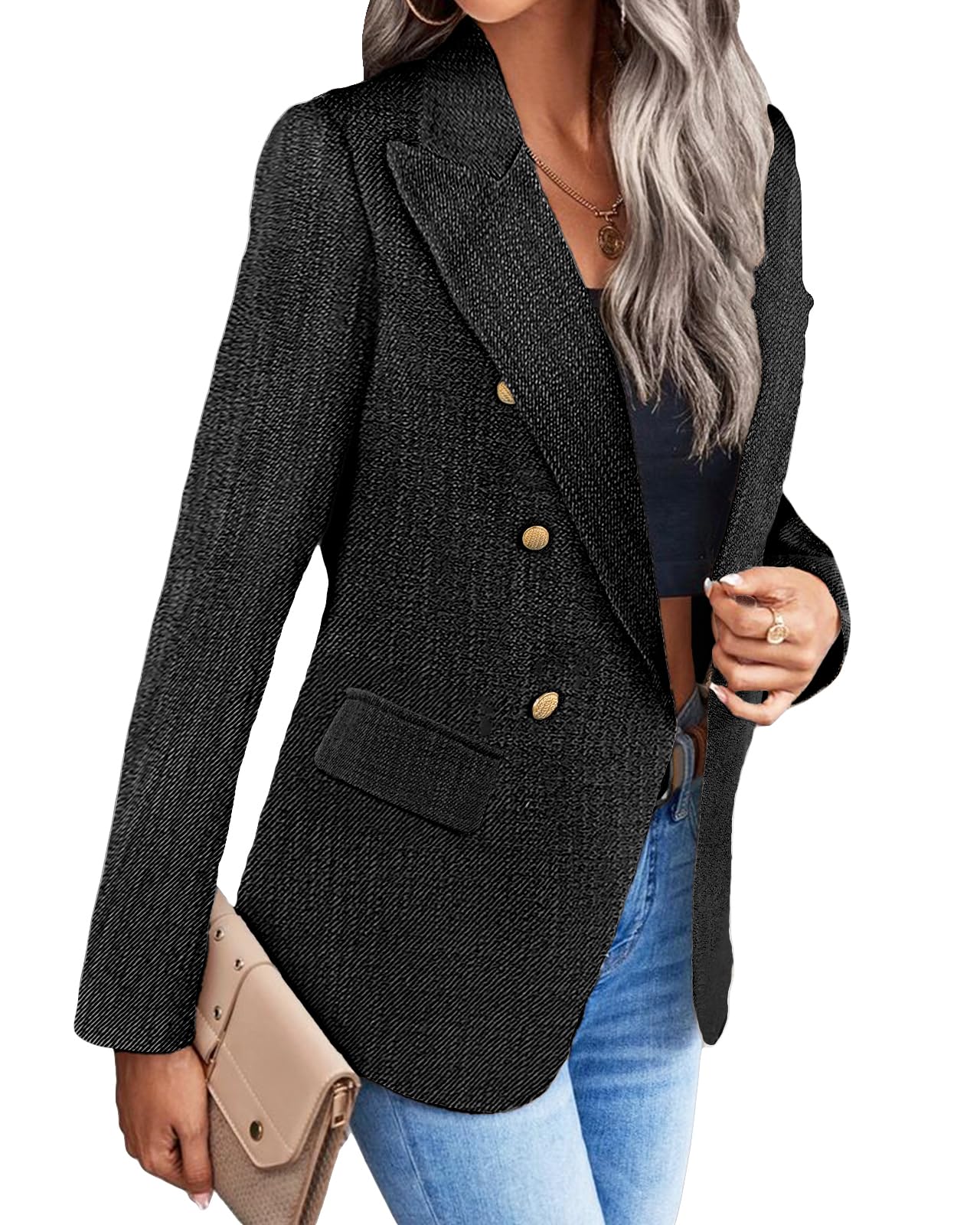 Foto 4 pulgar | Chaqueta Blazer Mina Self Black Tweed Plaid Para Mujer - Venta Internacional.
