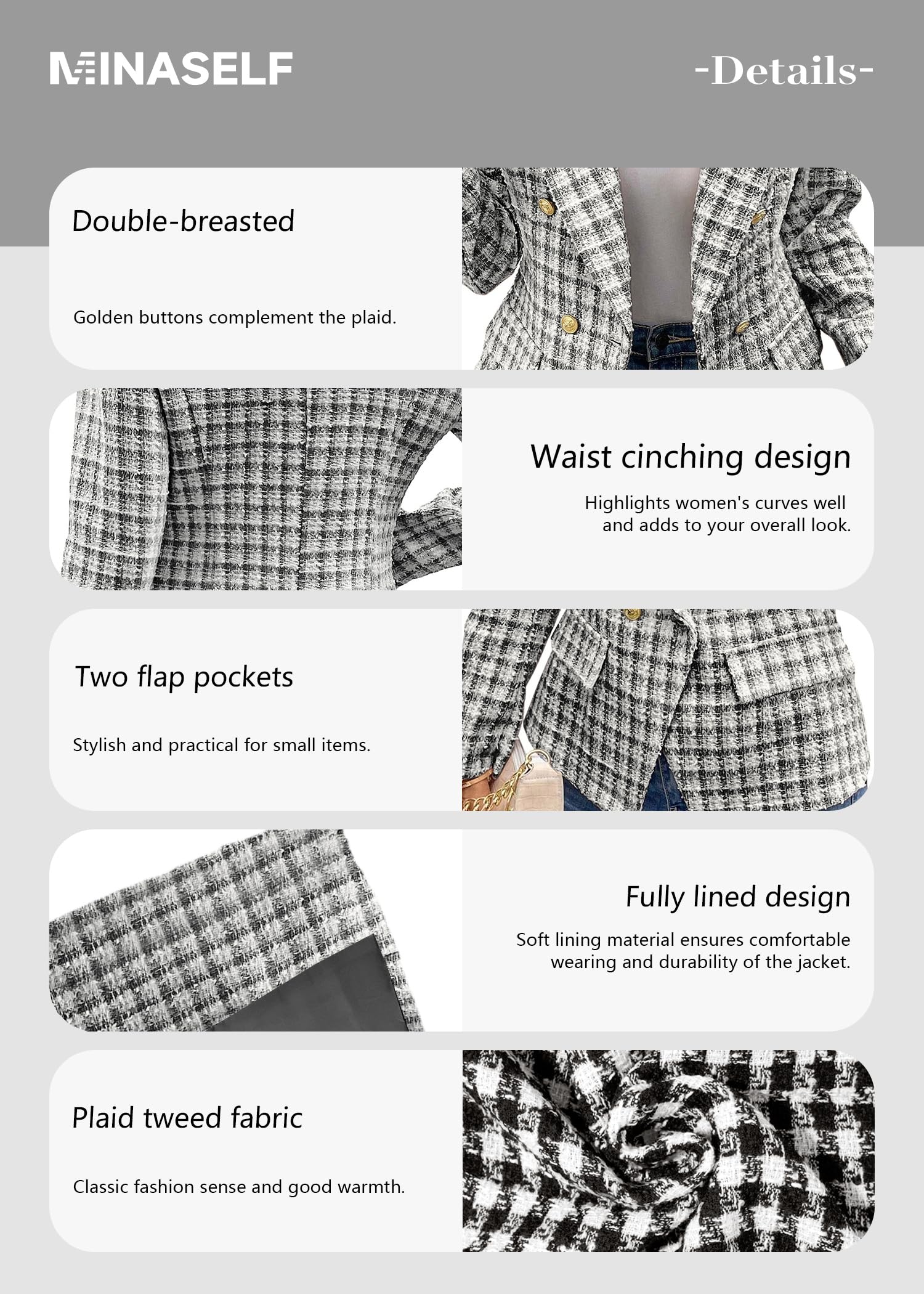 Foto 8 pulgar | Chaqueta Tipo Blazer Mina Self Tweed Plaid 2024 Otoño-invierno Para Mujer - Venta Internacional.