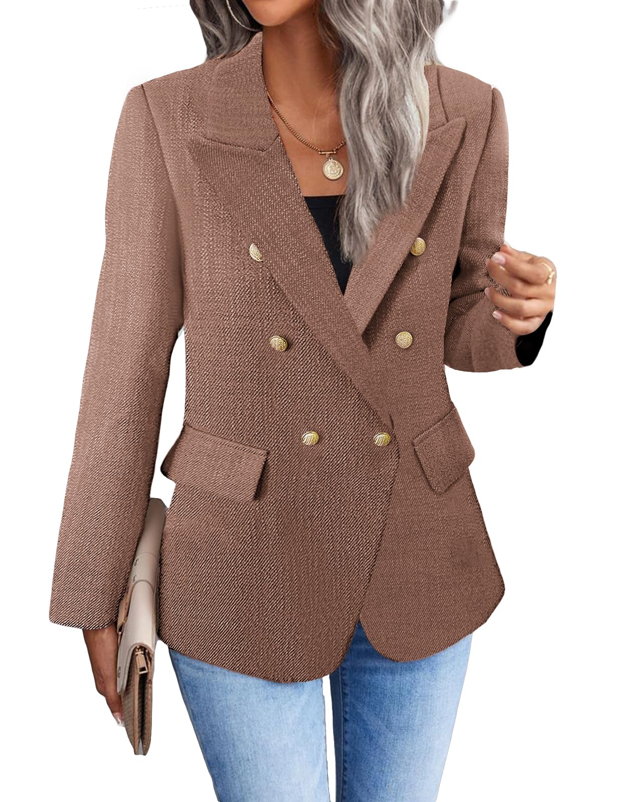 Foto 3 pulgar | Chaqueta Tipo Blazer Mina Self, Marrón Tostado, Tweed, A Cuadros Para Mujer - Venta Internacional.