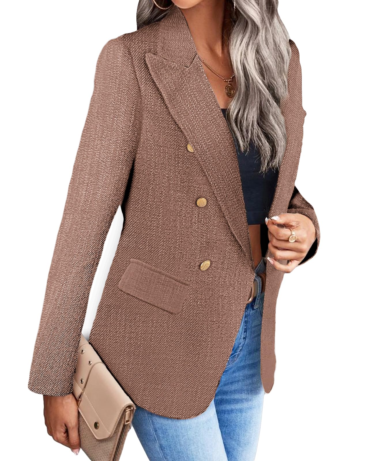 Foto 4 pulgar | Chaqueta Tipo Blazer Mina Self, Marrón Tostado, Tweed, A Cuadros Para Mujer - Venta Internacional.