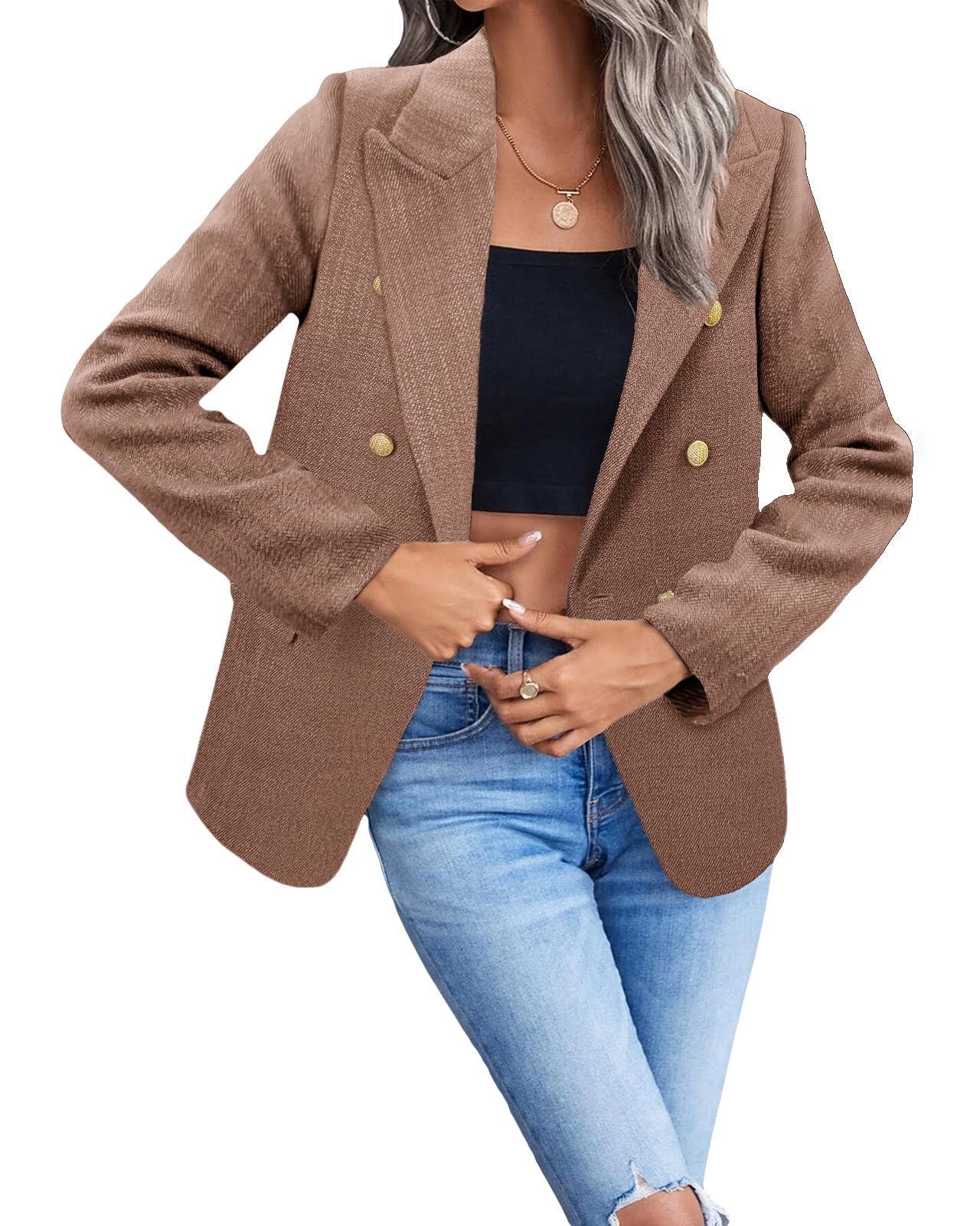 Foto 6 pulgar | Chaqueta Tipo Blazer Mina Self, Marrón Tostado, Tweed, A Cuadros Para Mujer - Venta Internacional.