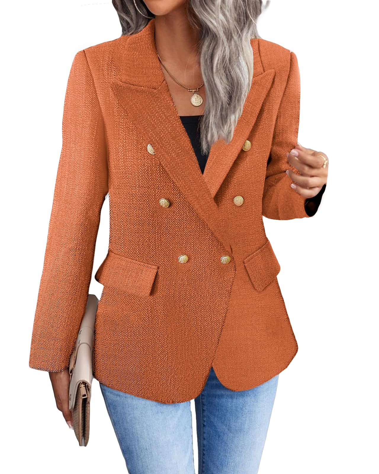 Foto 3 pulgar | Chaqueta Blazer Mina Self Orange Tweed Plaid Para Mujer - Venta Internacional.