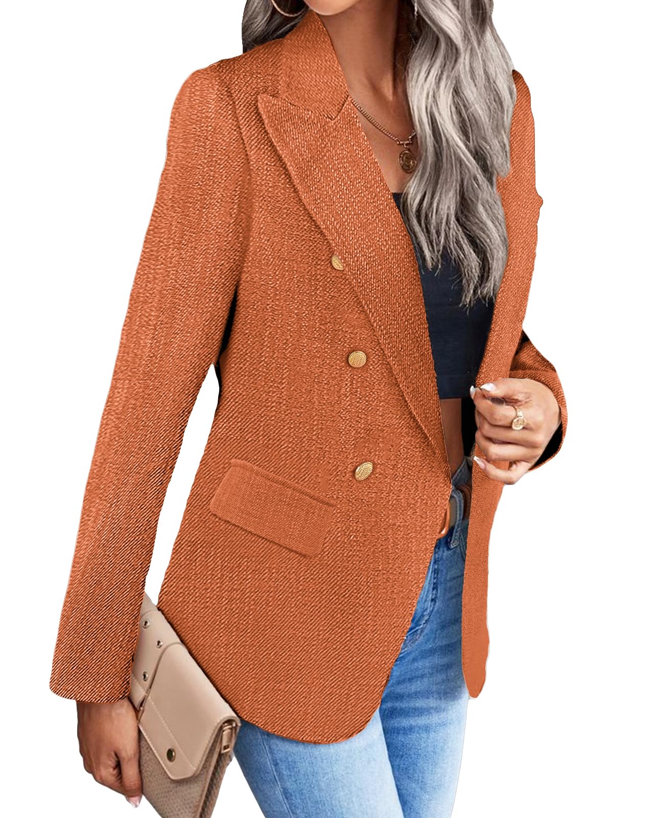 Foto 4 pulgar | Chaqueta Blazer Mina Self Orange Tweed Plaid Para Mujer - Venta Internacional.