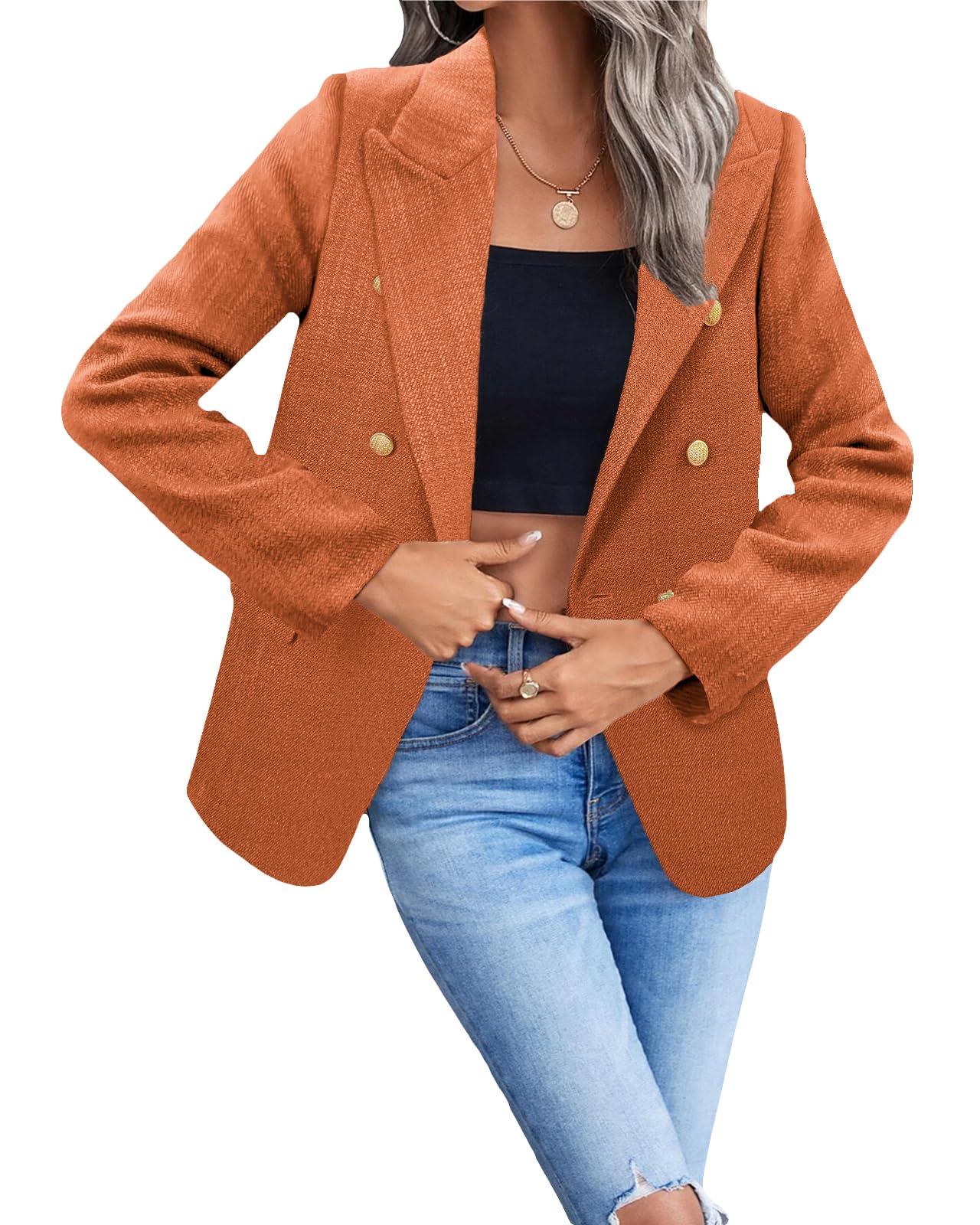 Foto 6 pulgar | Chaqueta Blazer Mina Self Orange Tweed Plaid Para Mujer - Venta Internacional.