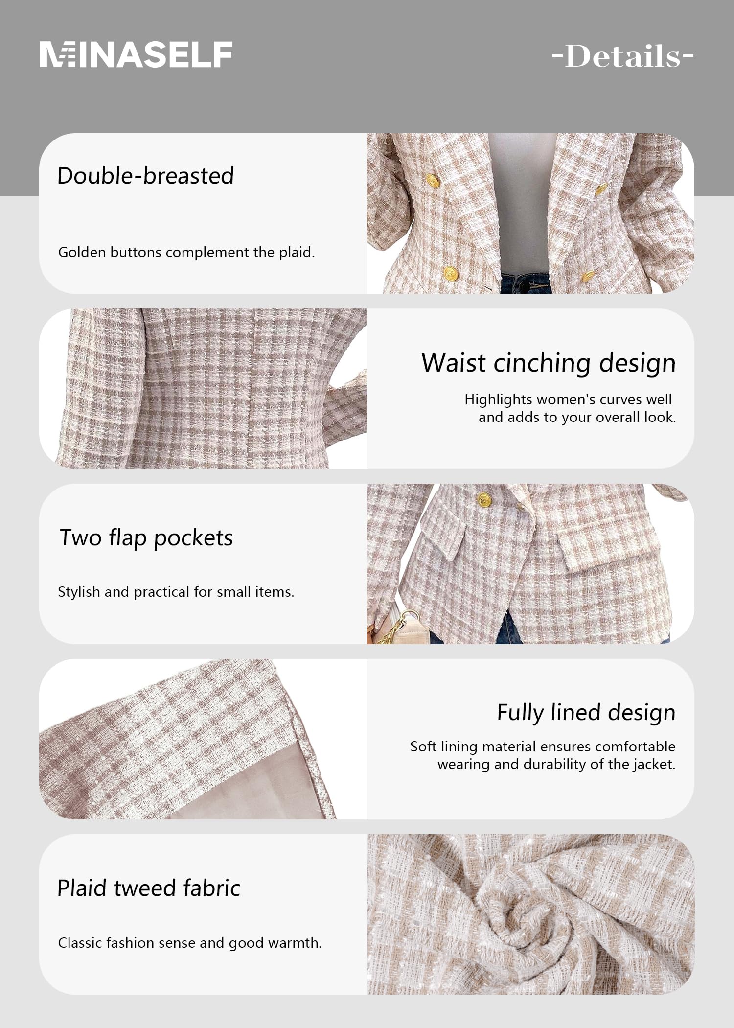 Foto 7 | Chaqueta Tipo Blazer Mina Self Tweed Plaid 2024 Otoño-invierno Para Mujer - Venta Internacional.