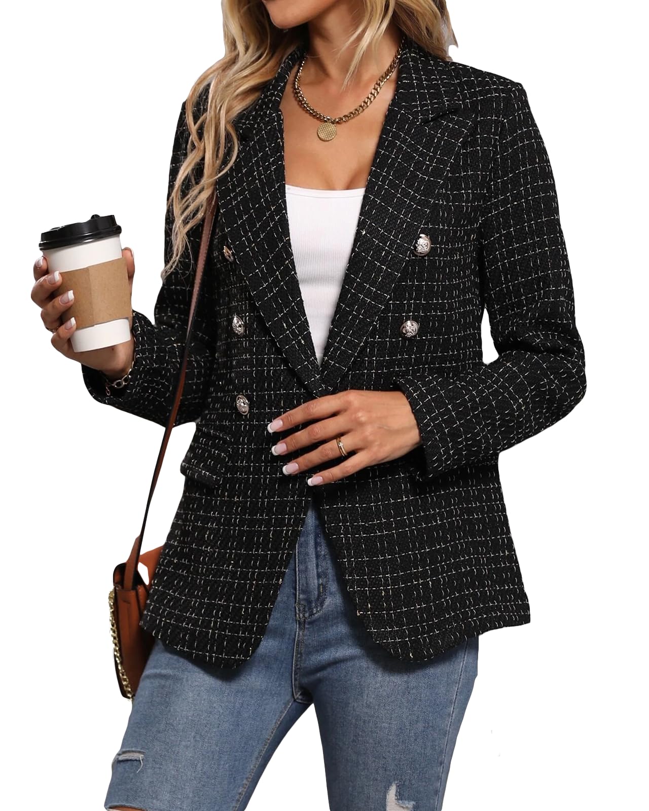 Foto 3 pulgar | Chaqueta Blazer Mina Self Tweed Para Mujer Negra Xs - Venta Internacional.