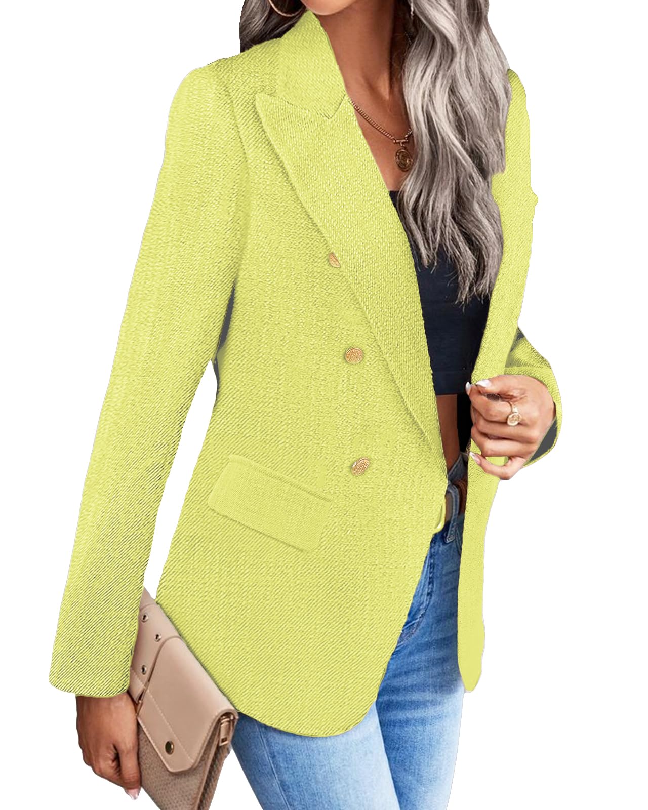 Foto 3 | Chaqueta Blazer Mina Self De Tweed Amarillo Verde A Cuadros Para Mujer - Venta Internacional.