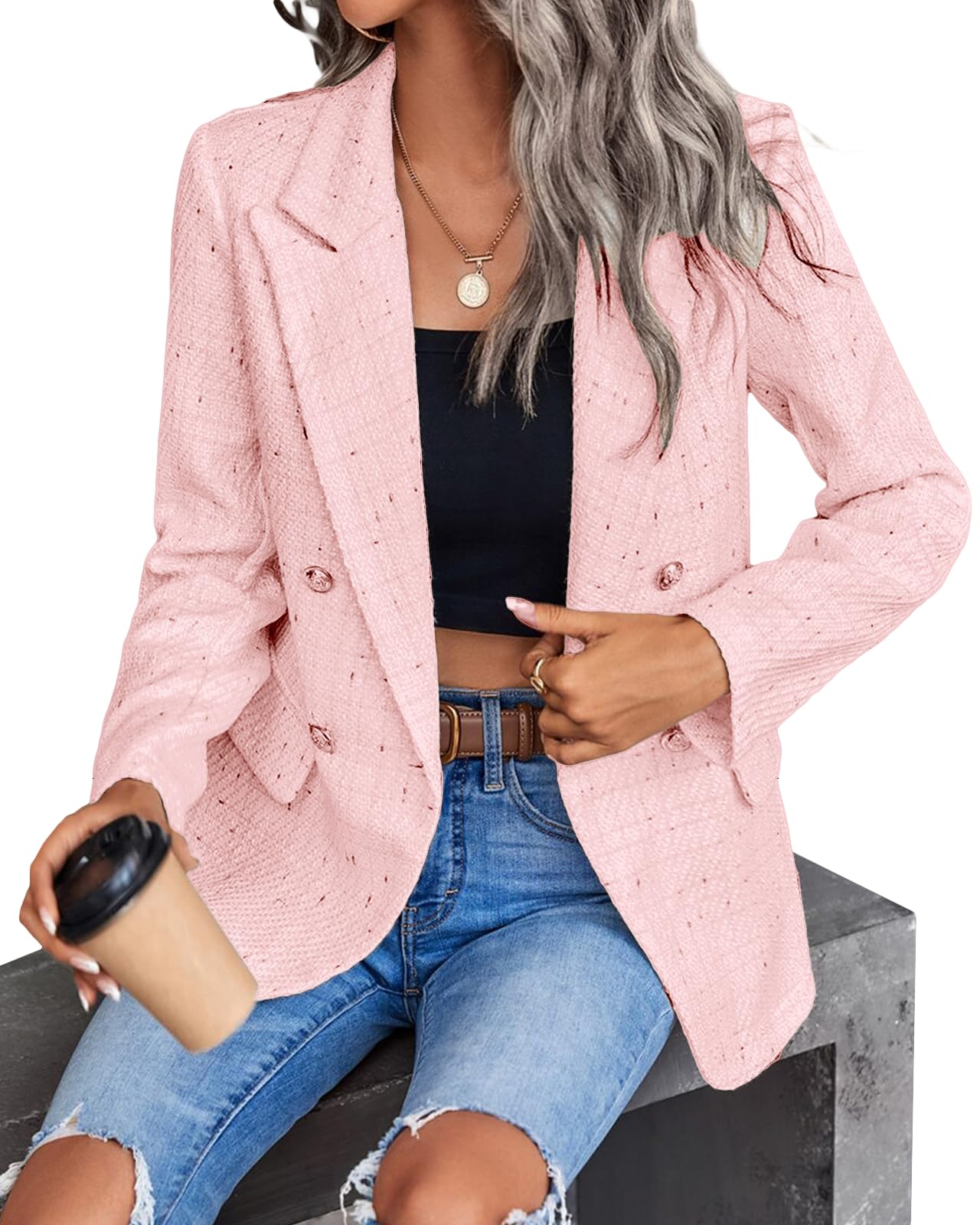 Foto 5 | Blazer Mina Self De Algodón Con Mangas 3/4 Para Mujer, Color Rosa, Talla S - Venta Internacional.