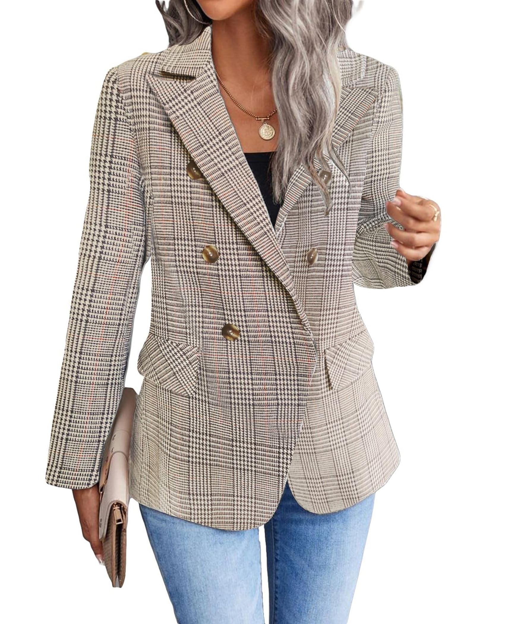 Foto 4 pulgar | Chaqueta Tipo Blazer Mina Self Tweed A Cuadros Marrón Para Mujer - Venta Internacional.