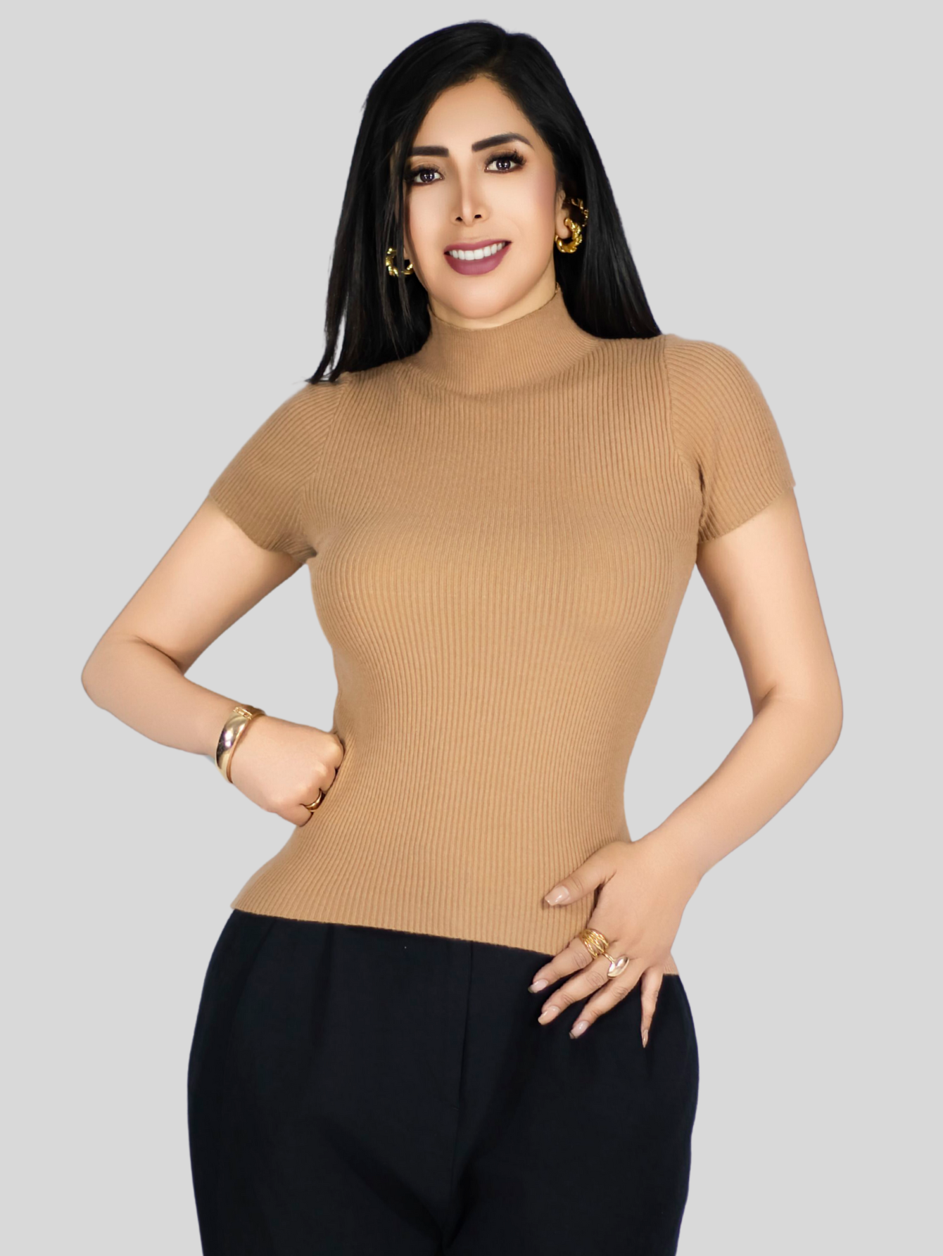 Foto 5 pulgar | Blusas Mujer Casual Blusa Crop Bl-1034 Cafe Top Camiseta Stretch