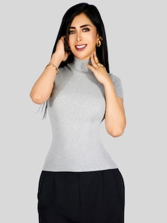 Foto 4 | Blusas Mujer Casual Blusa Crop Bl-1034 Gris Top Camiseta Stretch
