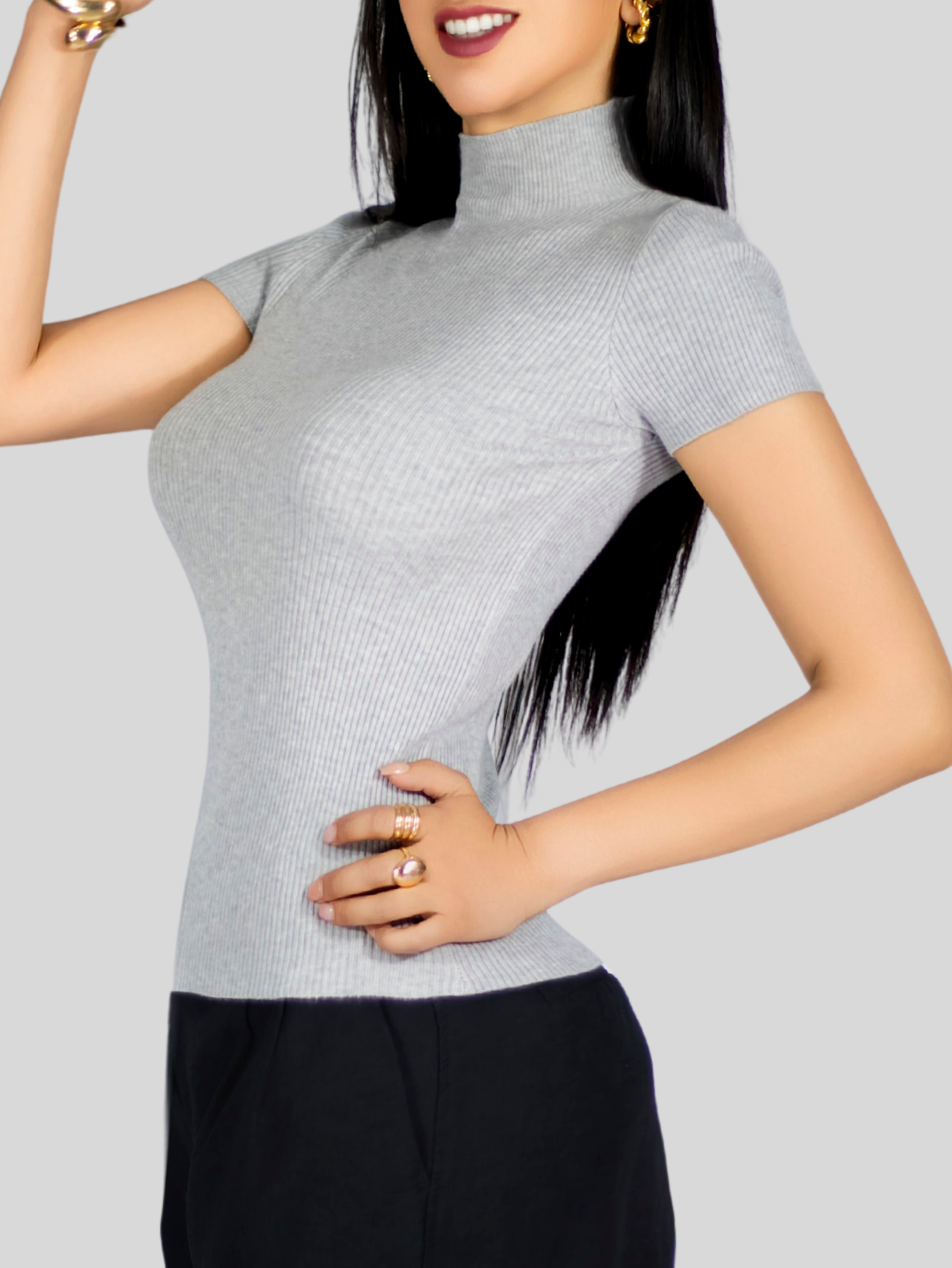 Foto 6 pulgar | Blusas Mujer Casual Blusa Crop Bl-1034 Gris Top Camiseta Stretch