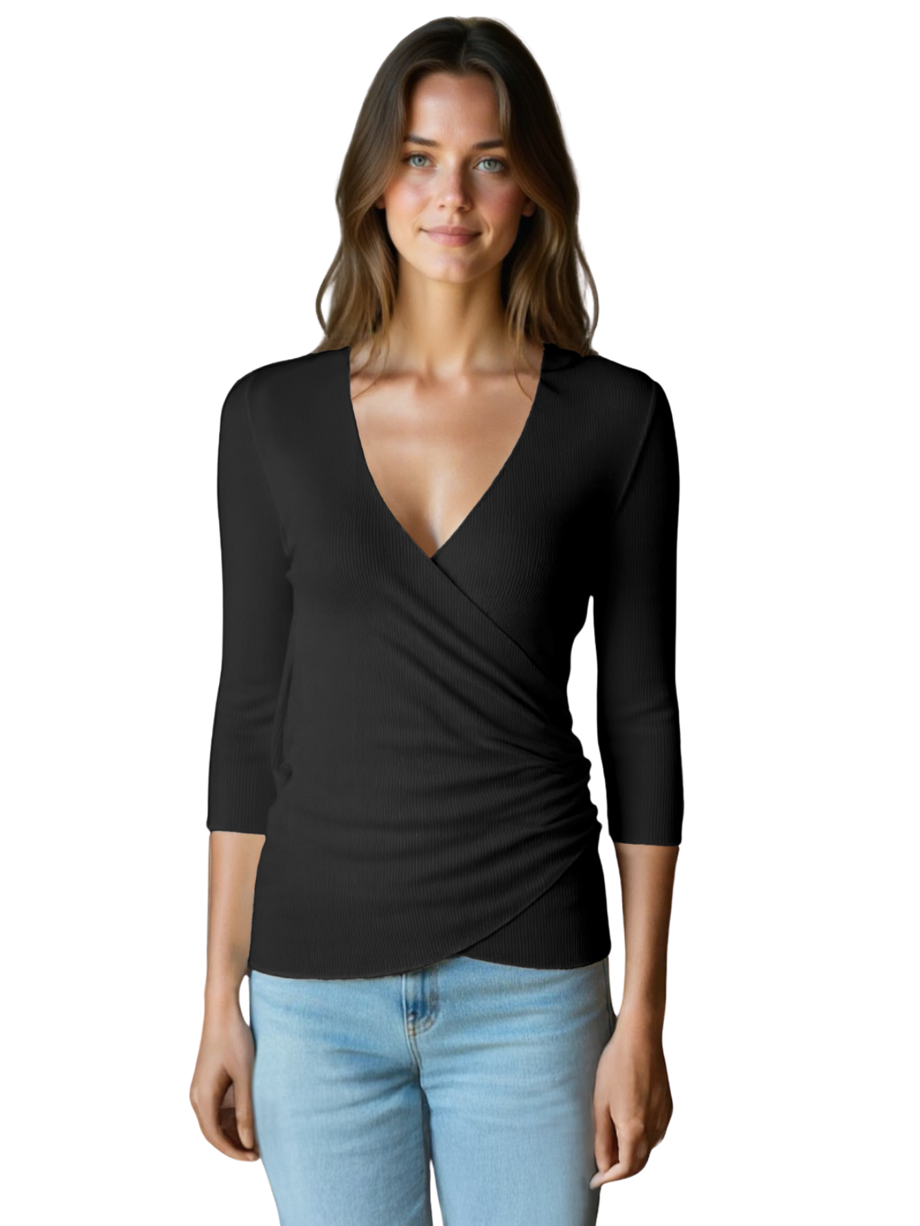 Foto 2 pulgar | Blusa Mujer Manga 3 Cuartos Cuello V Bl-1037 Negro Comodidad Y Estilo