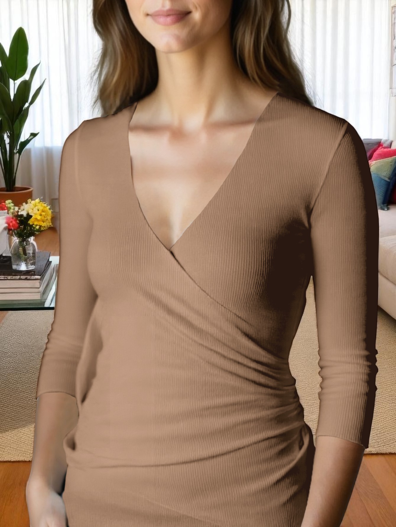 Foto 3 pulgar | Blusa Mujer Manga 3 Cuartos Cuello V Bl-1037 Cafe Comodidad Y Estilo