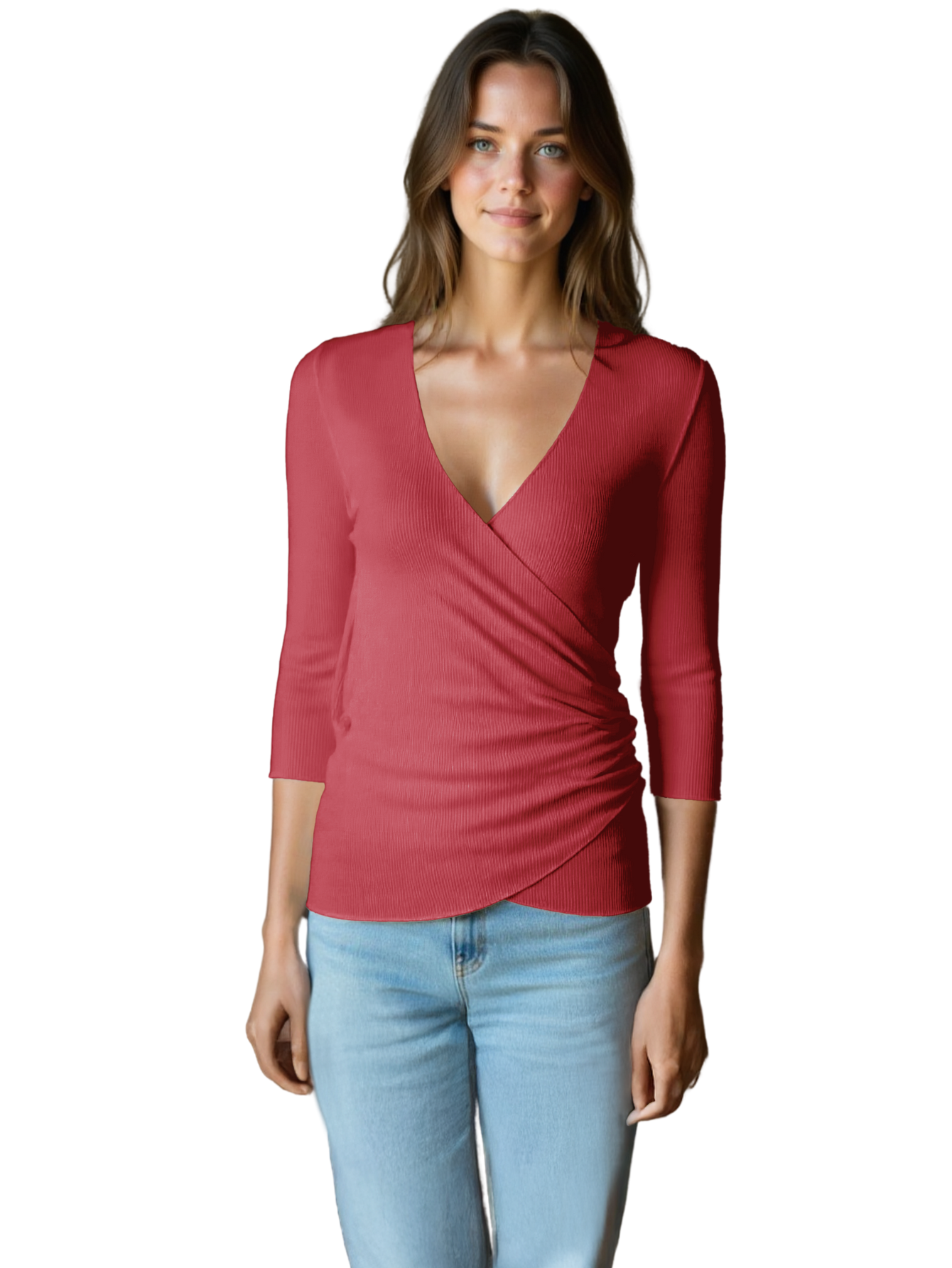 Foto 2 pulgar | Blusa Mujer Manga 3 Cuartos Cuello V Bl-1037 Rojo Comodidad Y Estilo