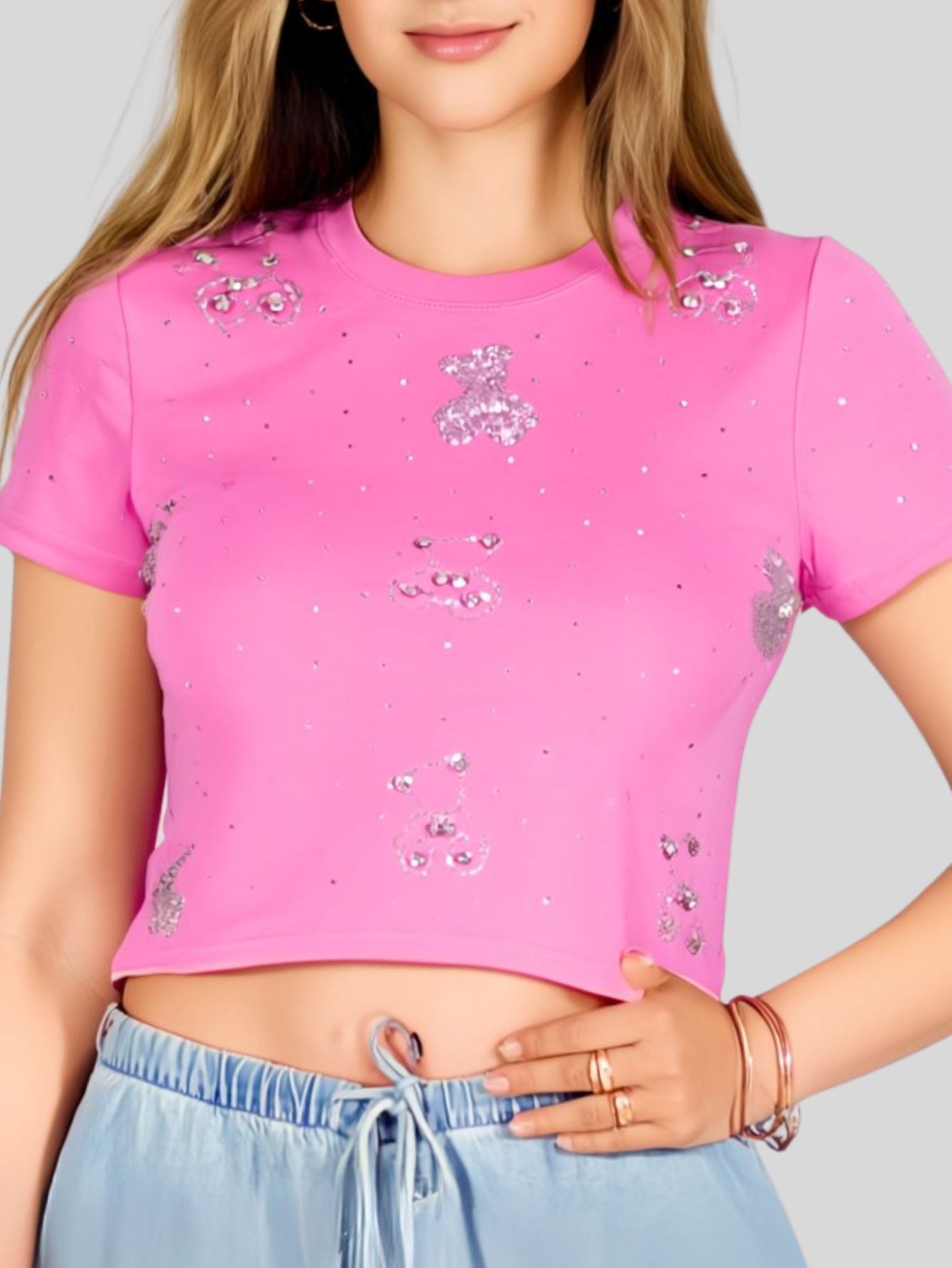 Foto 6 pulgar | Blusa Crop Top Bl-1036 Rosa Con Estampado De Ositos Y Detalles Brillantes
