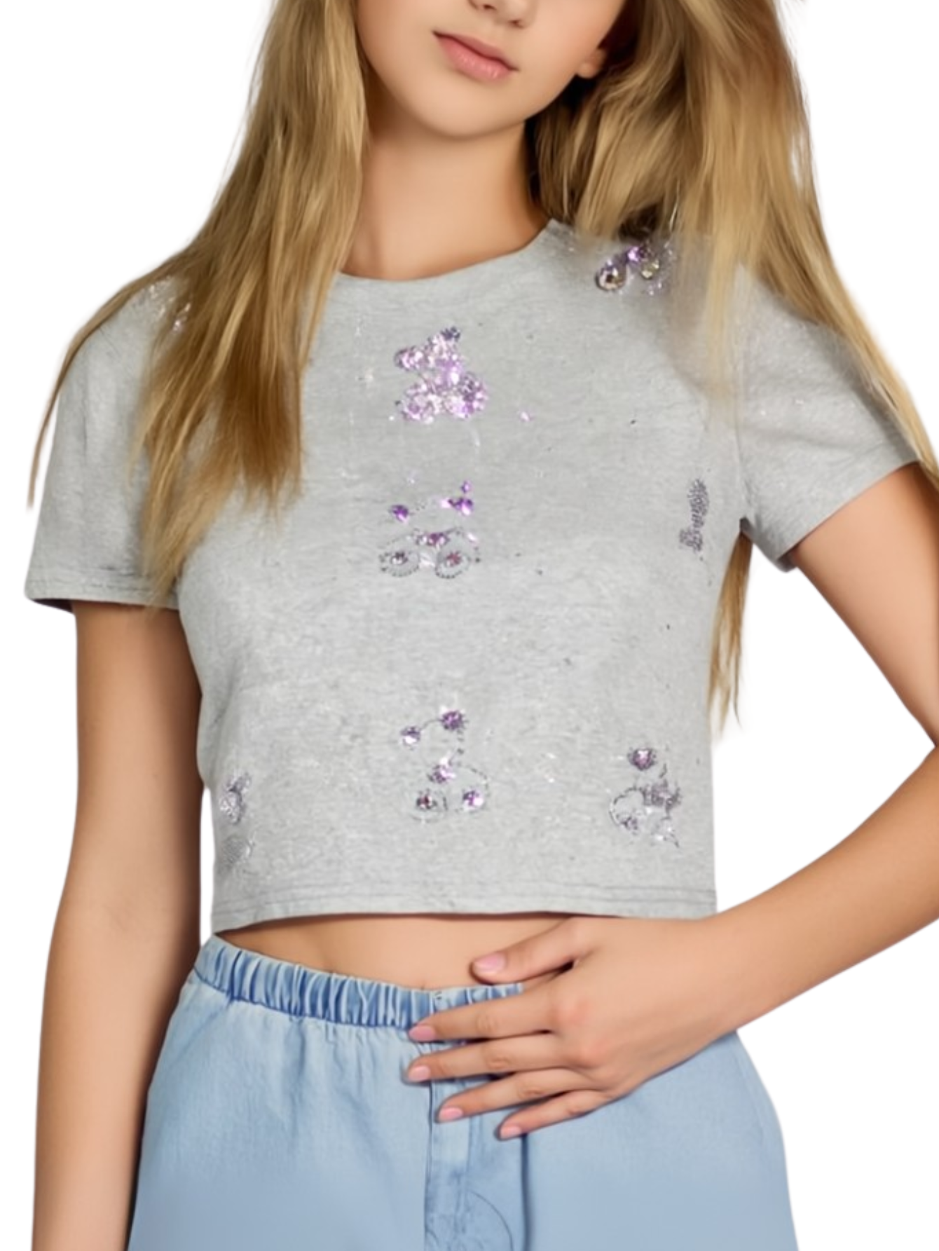 Foto 2 pulgar | Blusa Crop Top Bl-1036 Gris Claro Con Estampado De Ositos Y Detalles Brillantes