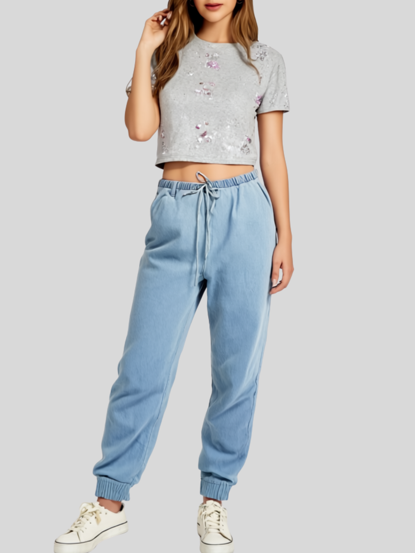 Foto 3 pulgar | Blusa Crop Top Bl-1036 Gris Claro Con Estampado De Ositos Y Detalles Brillantes